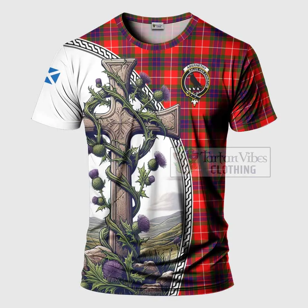 Abernethy Tartan T-Shirt with Family Crest and St. Andrew's Cross Accented by Thistle Vines