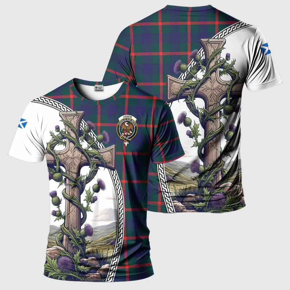 Agnew Tartan T-Shirt with Family Crest and St. Andrew's Cross Accented by Thistle Vines