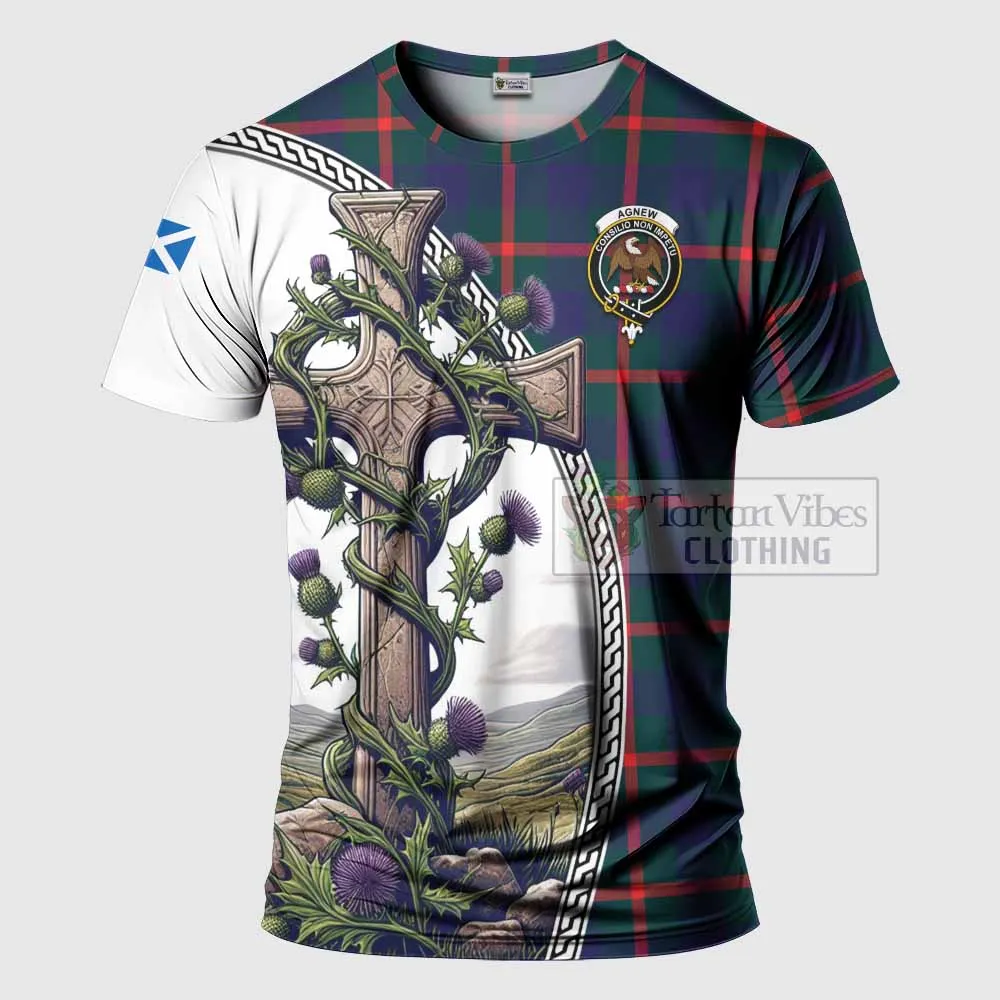 Agnew Tartan T-Shirt with Family Crest and St. Andrew's Cross Accented by Thistle Vines