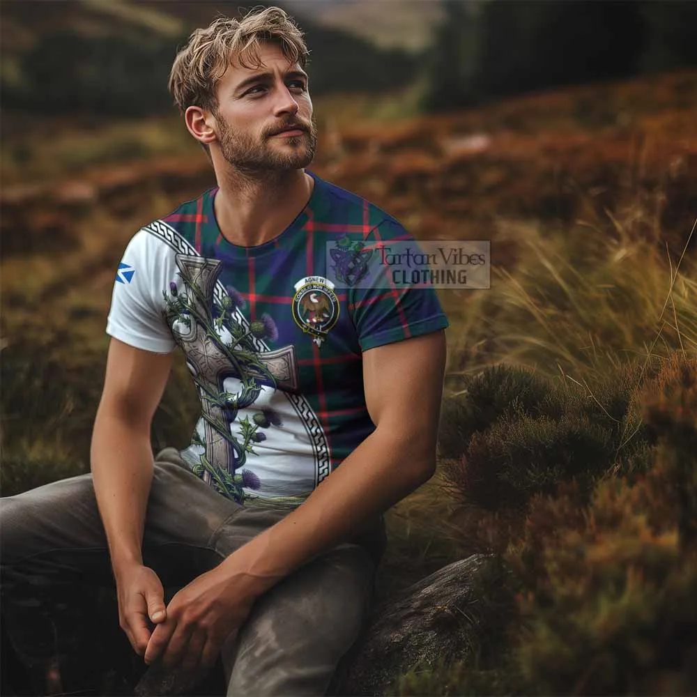 Agnew Tartan T-Shirt with Family Crest and St. Andrew's Cross Accented by Thistle Vines