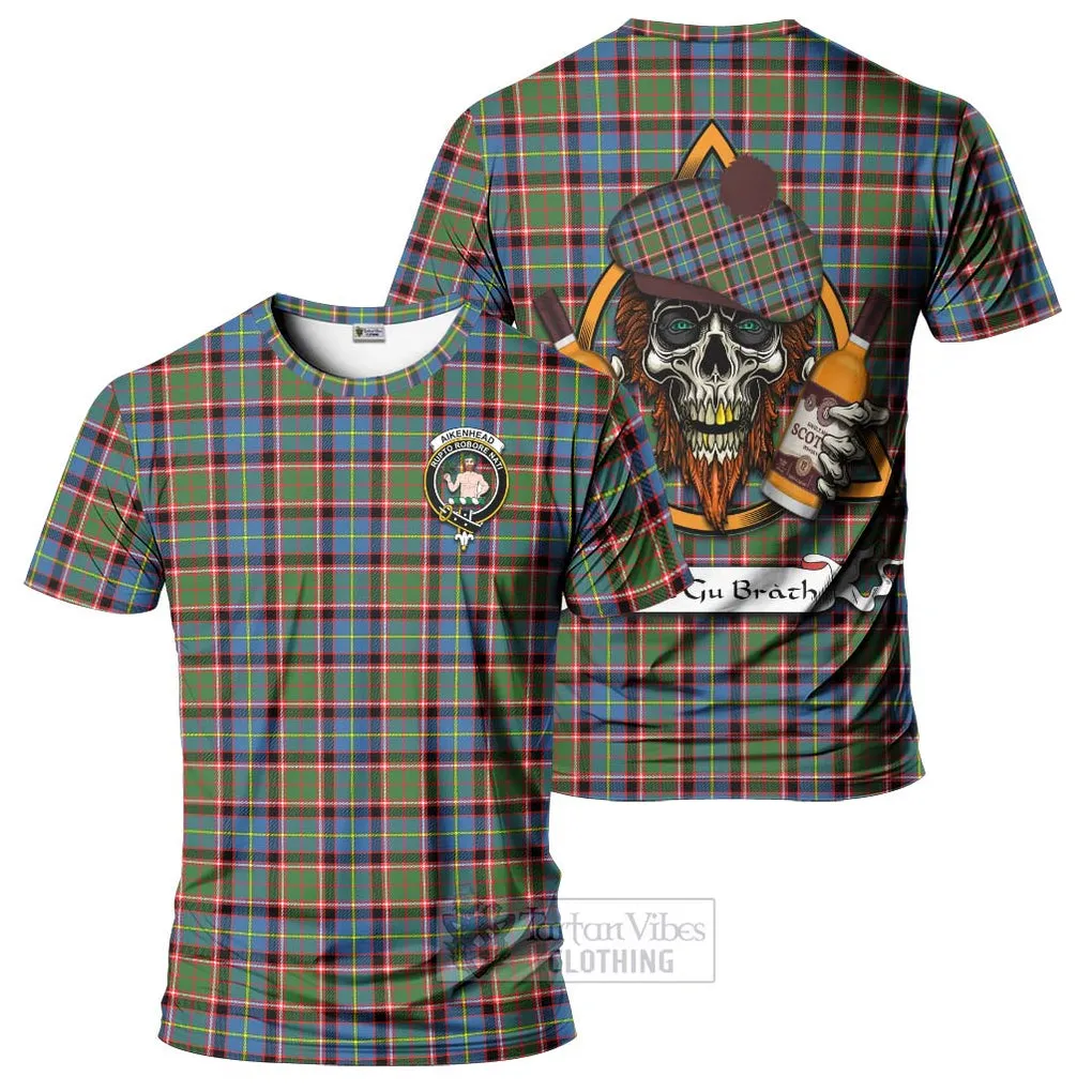 Aikenhead Tartan T-Shirt with Family Crest and Bearded Skull Holding Bottles of Whiskey