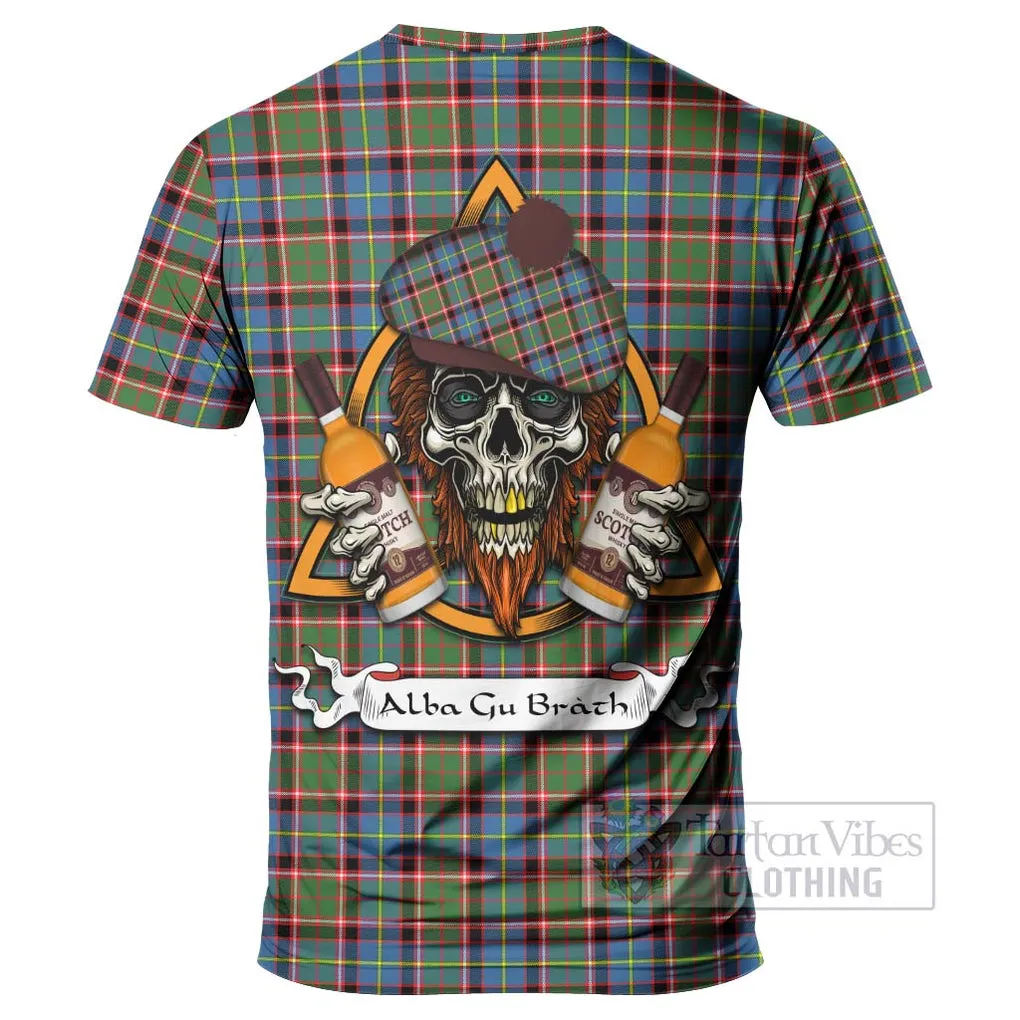 Aikenhead Tartan T-Shirt with Family Crest and Bearded Skull Holding Bottles of Whiskey