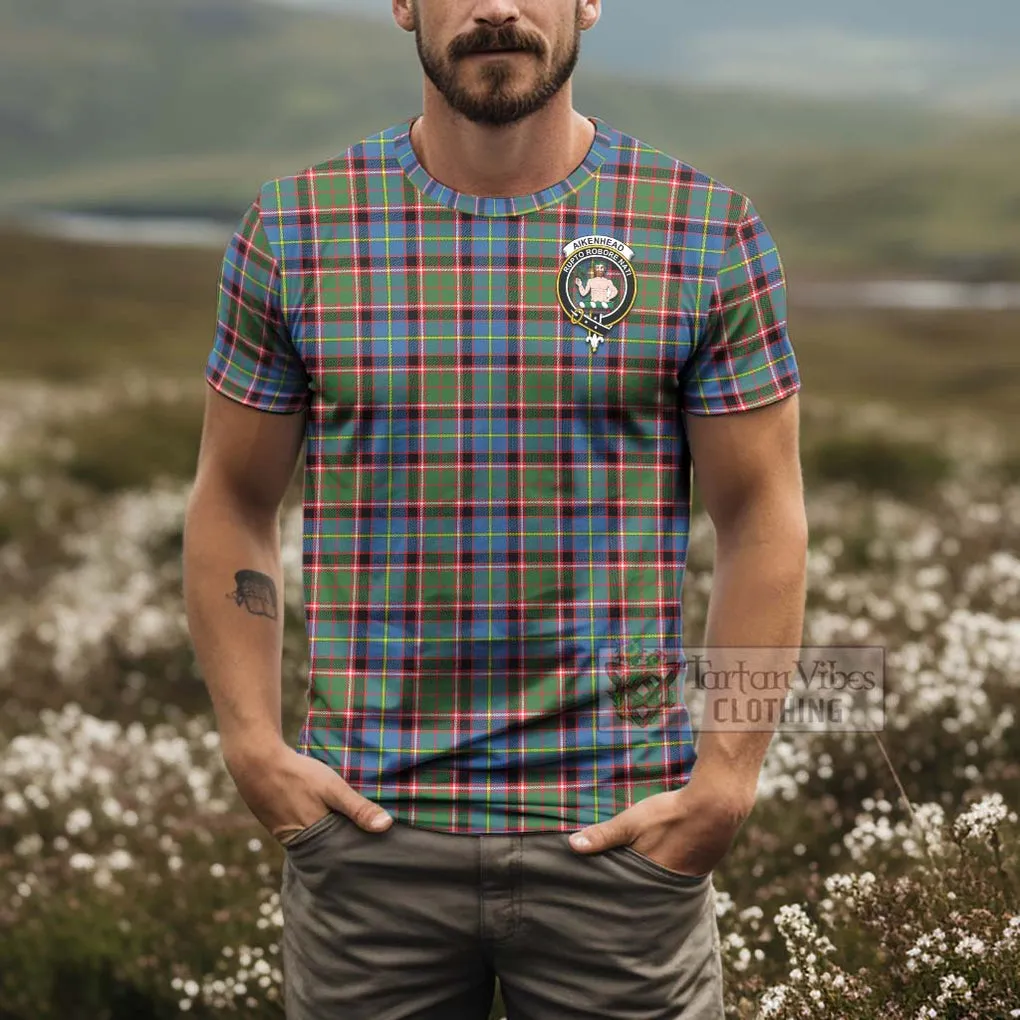 Aikenhead Tartan T-Shirt with Family Crest and Bearded Skull Holding Bottles of Whiskey