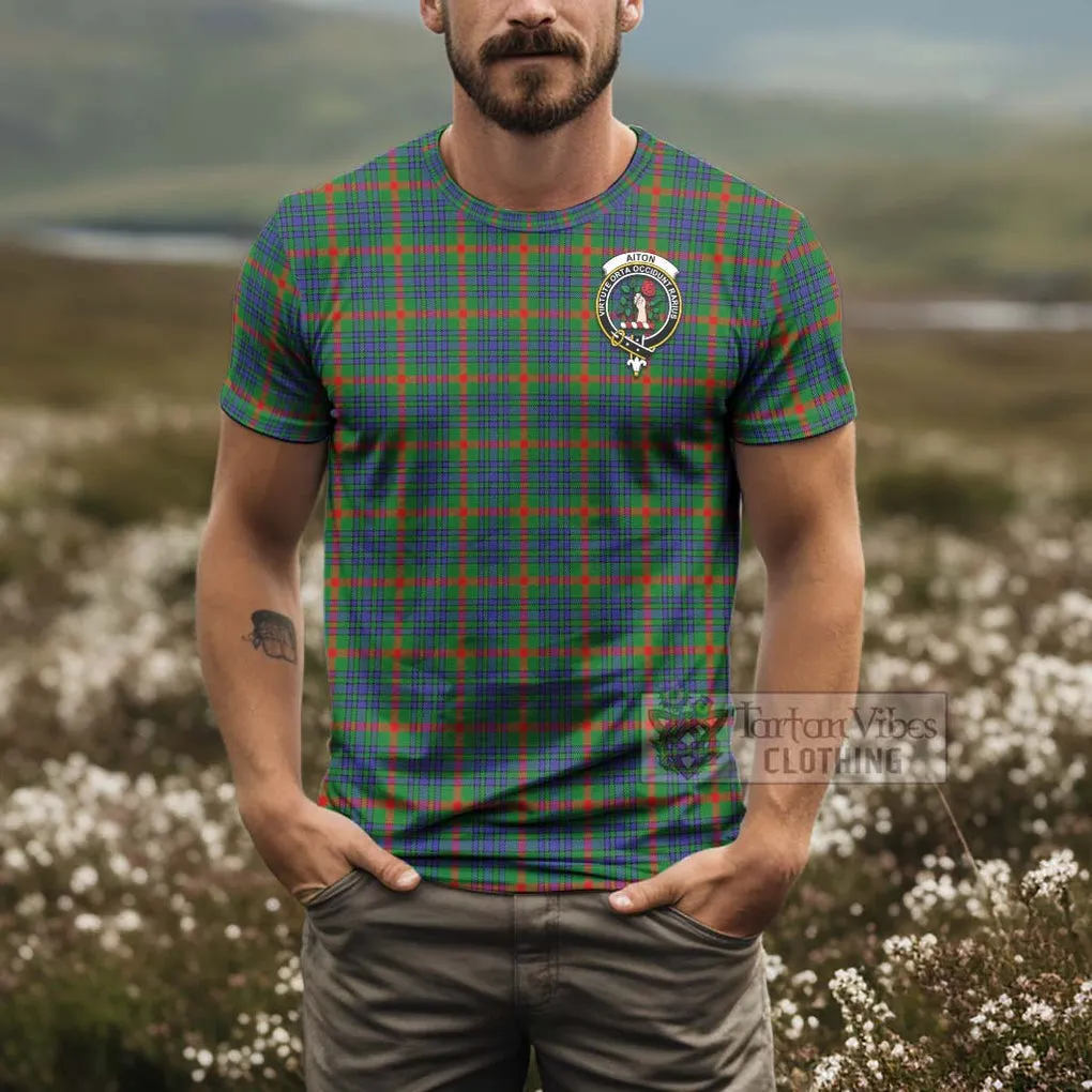 Aiton Tartan T-Shirt with Family Crest and Bearded Skull Holding Bottles of Whiskey