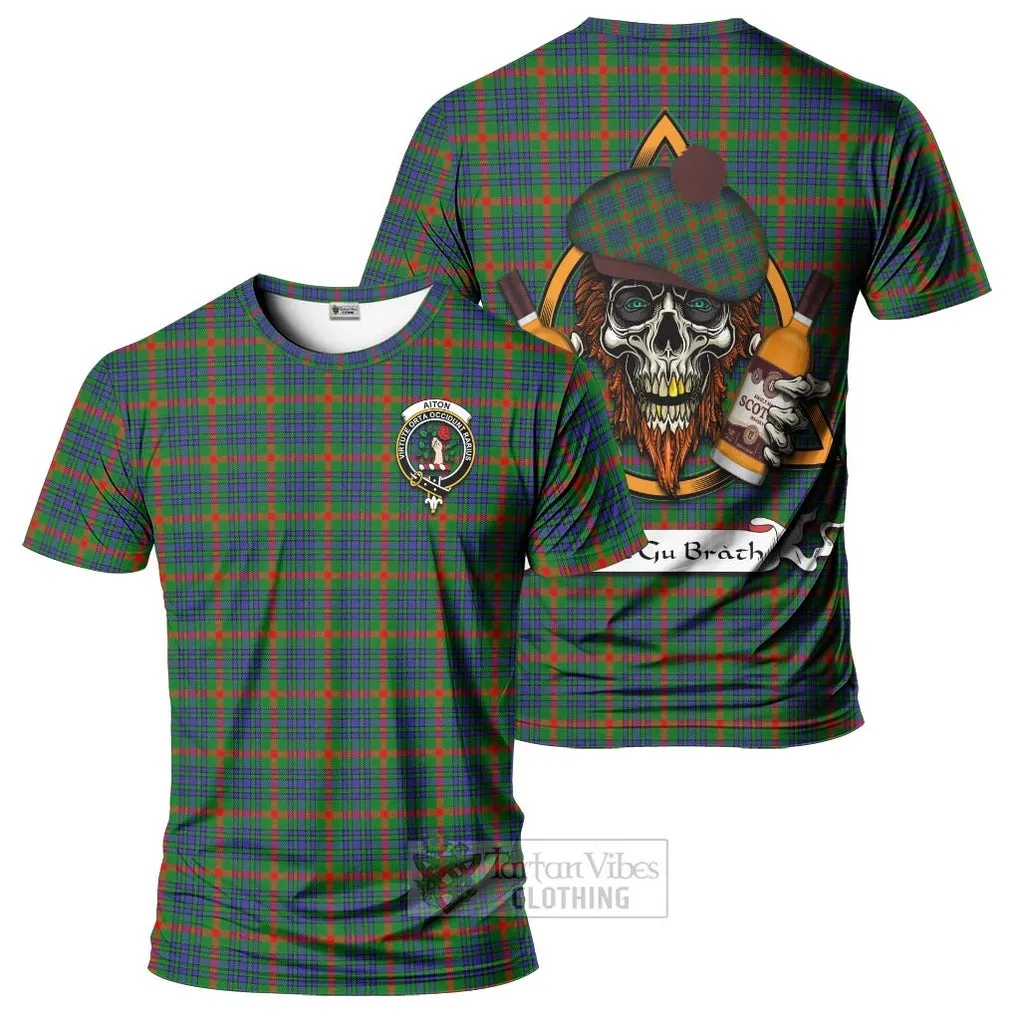 Aiton Tartan T-Shirt with Family Crest and Bearded Skull Holding Bottles of Whiskey