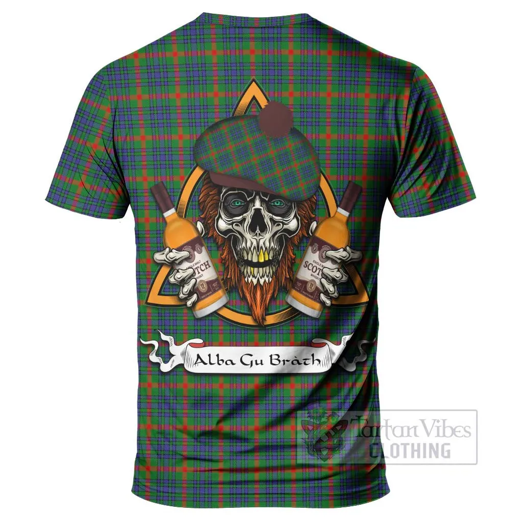 Aiton Tartan T-Shirt with Family Crest and Bearded Skull Holding Bottles of Whiskey