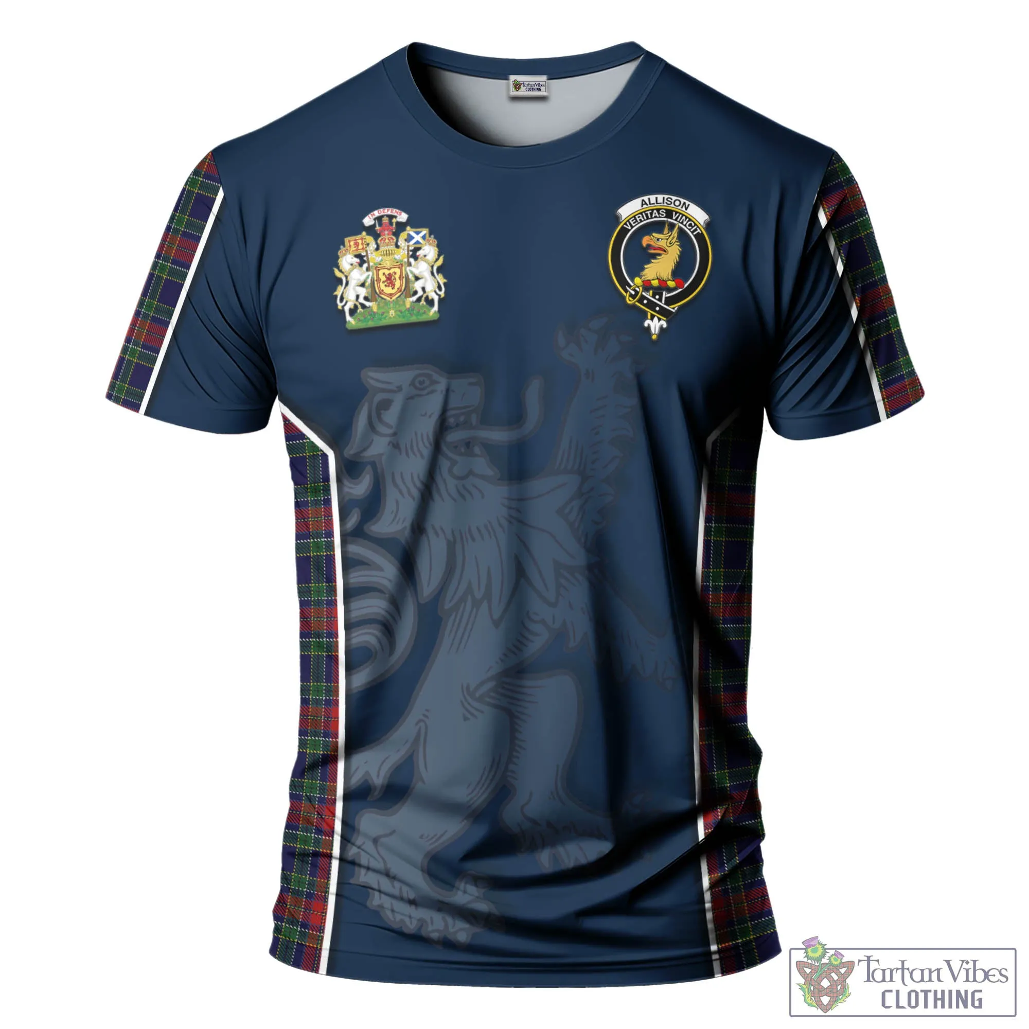 Allison Red Tartan T-Shirt with Family Crest and Lion Rampant Vibes Sport Style