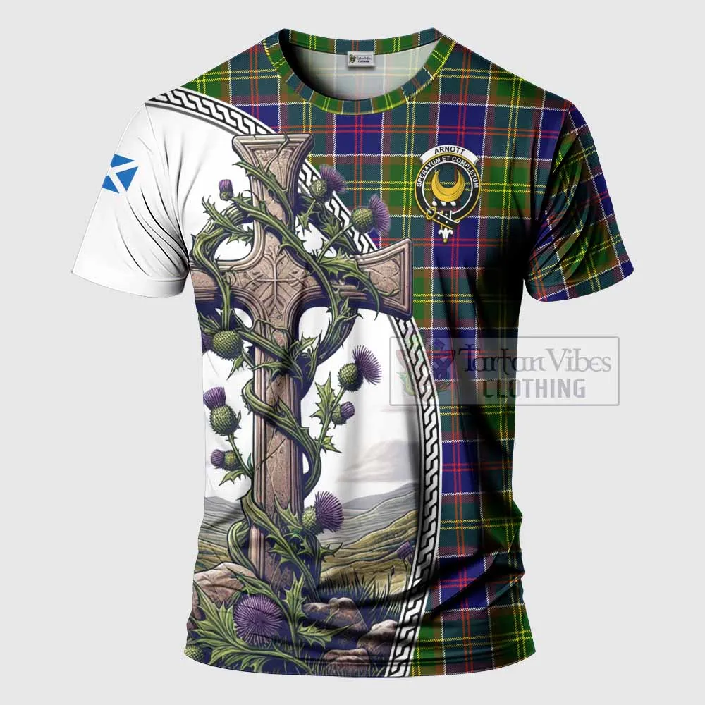 Arnott Tartan T-Shirt with Family Crest and St. Andrew's Cross Accented by Thistle Vines