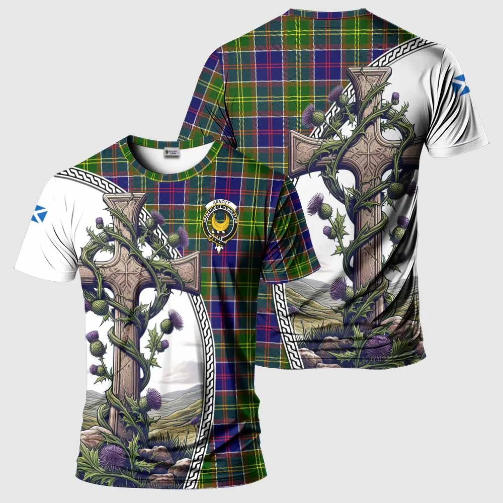 Arnott Tartan T-Shirt with Family Crest and St. Andrew's Cross Accented by Thistle Vines