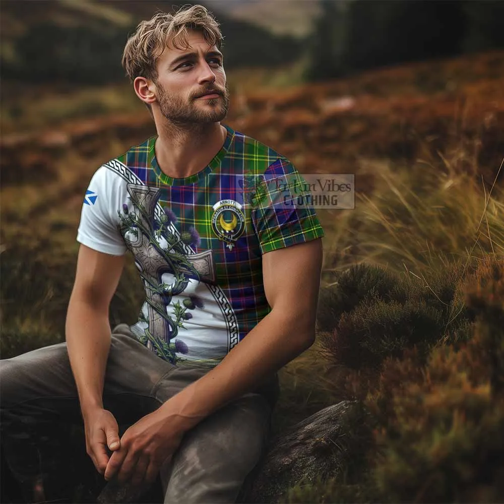 Arnott Tartan T-Shirt with Family Crest and St. Andrew's Cross Accented by Thistle Vines