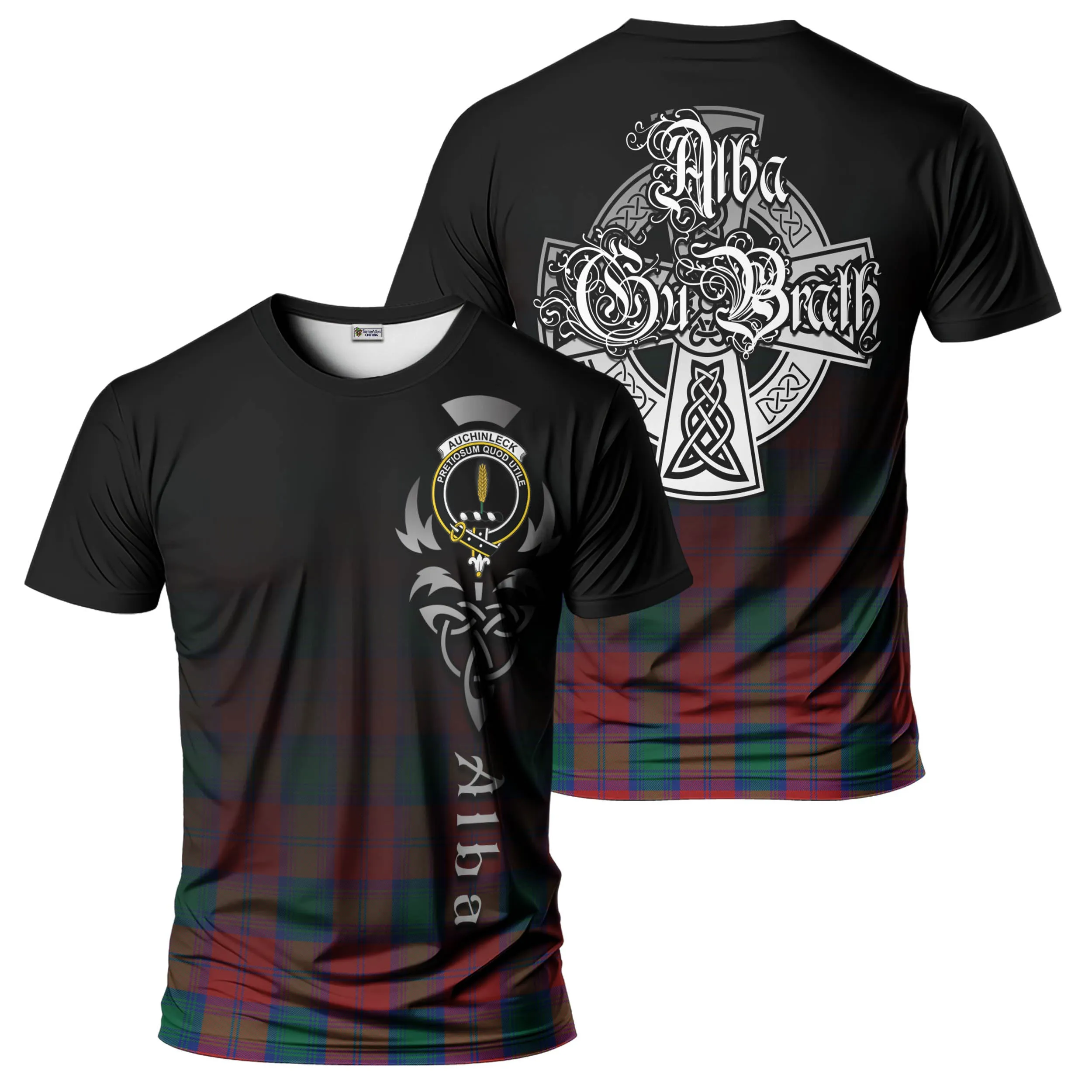 Auchinleck (Affleck) Tartan T-Shirt Featuring Alba Gu Brath Family Crest Celtic Inspired