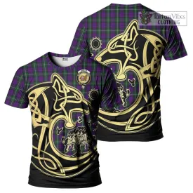 Baillie Highland Society Tartan T-Shirt with Family Crest Celtic Wolf Style