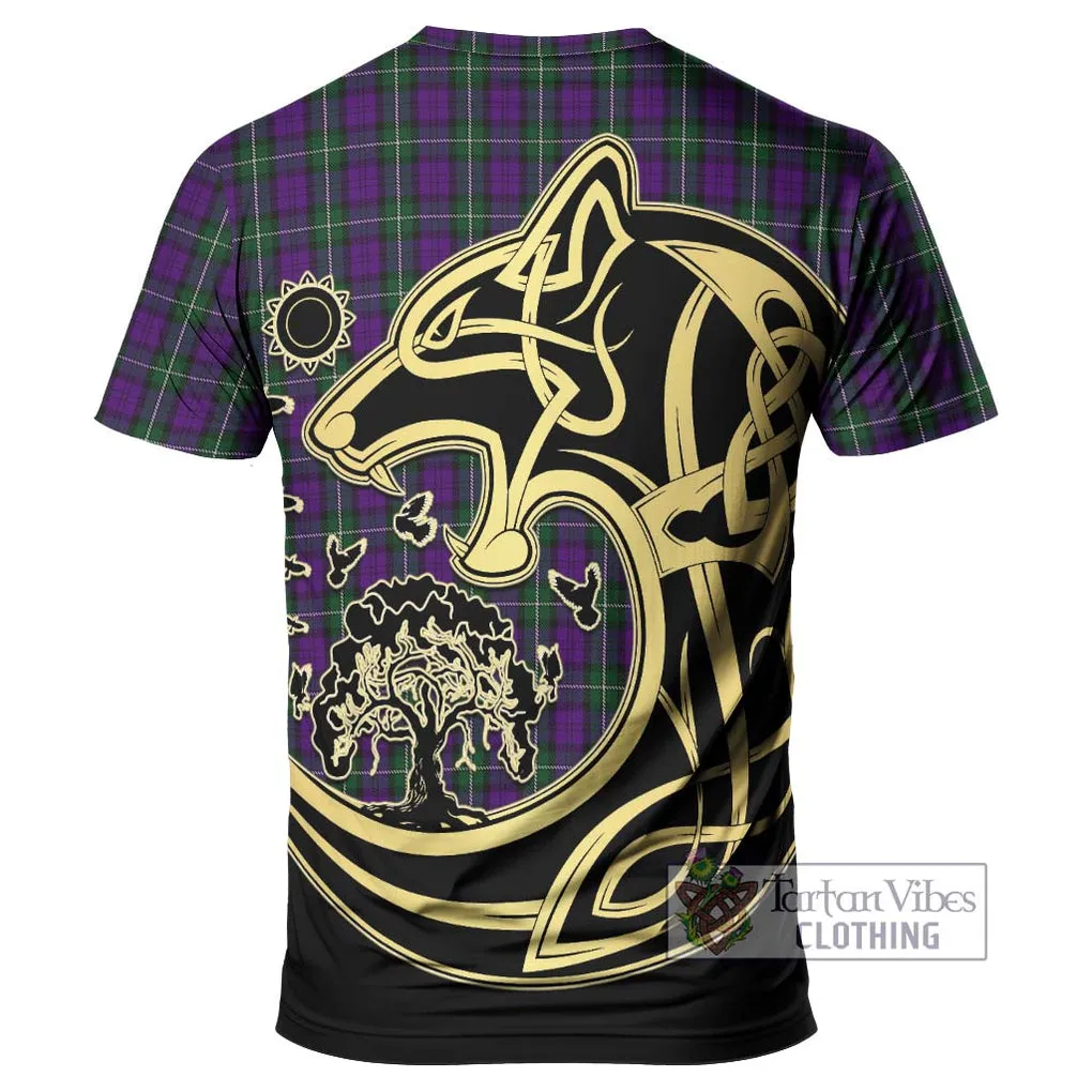 Baillie Highland Society Tartan T-Shirt with Family Crest Celtic Wolf Style