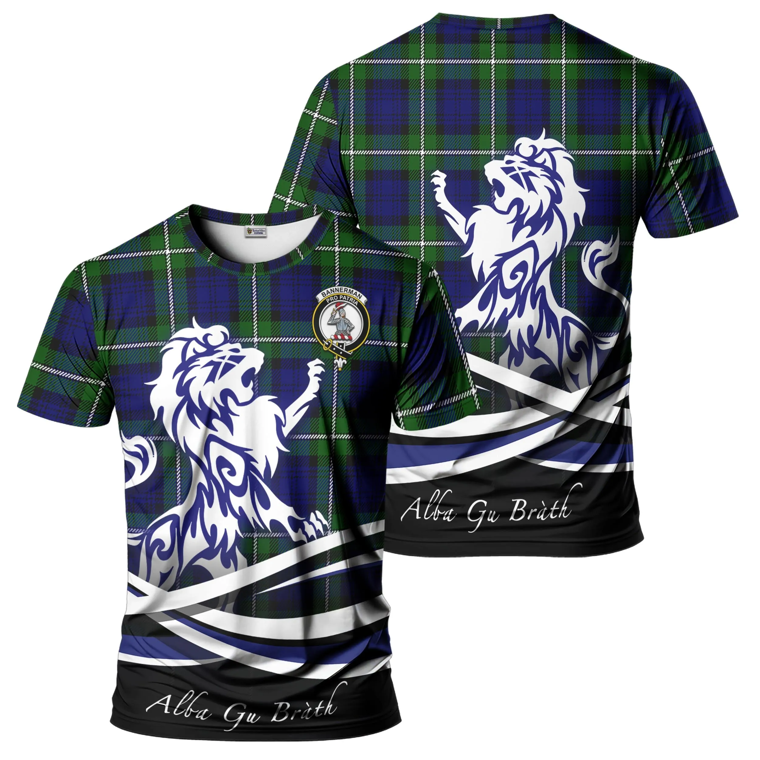 Bannerman Tartan T-Shirt with Alba Gu Brath Regal Lion Emblem