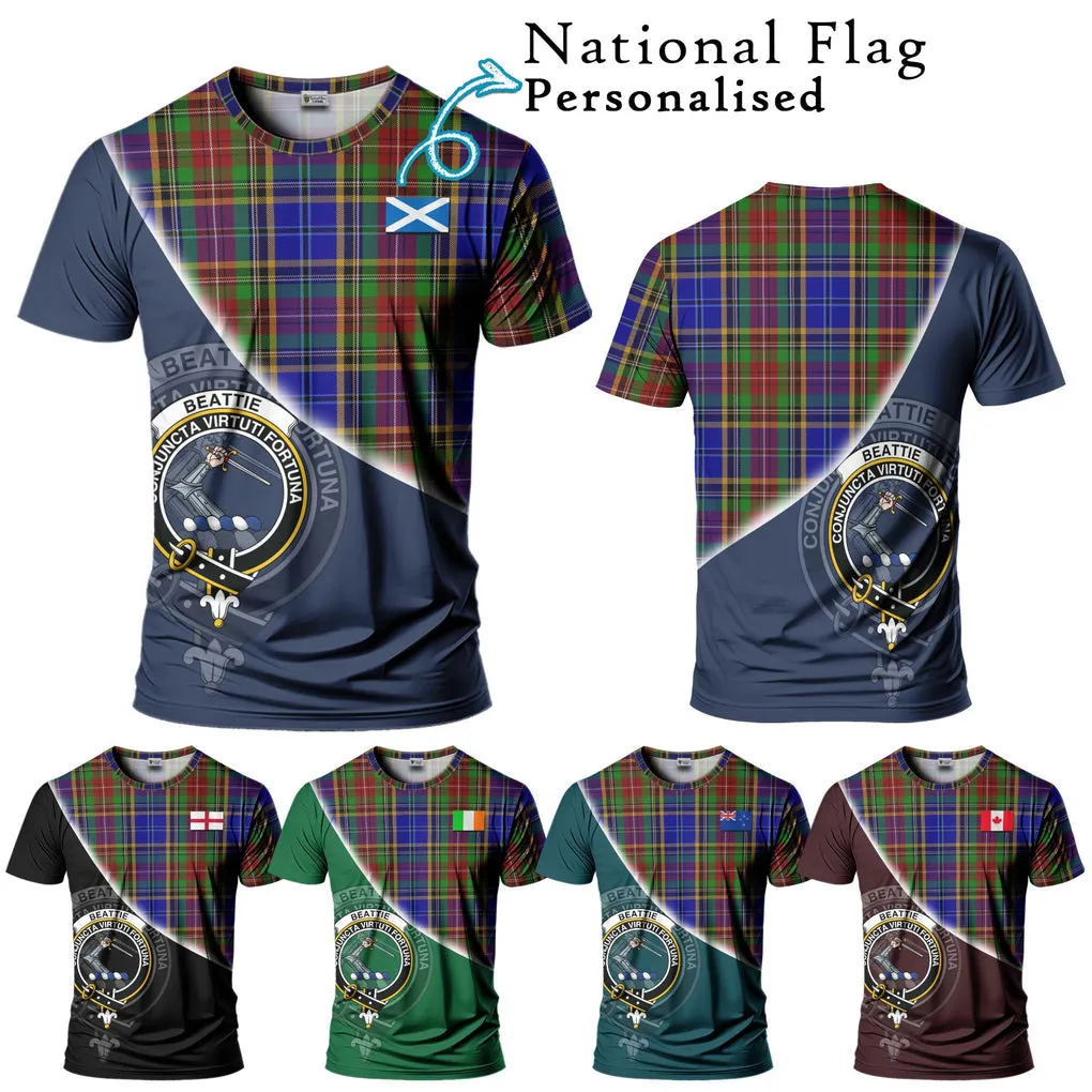 Beattie Tartan T-Shirt with Personalised National Flag and Family Crest Half Style