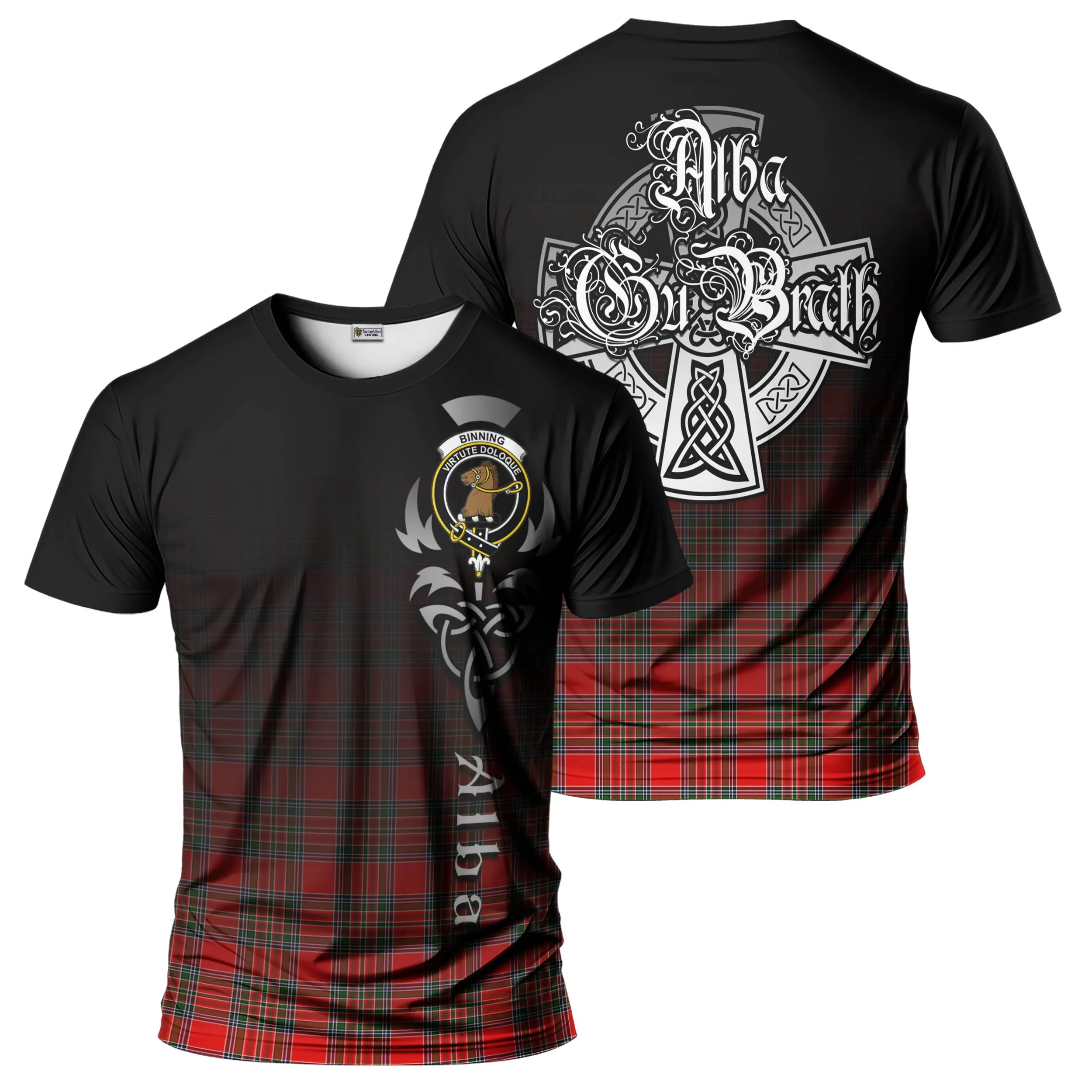 Binning Tartan T-Shirt Featuring Alba Gu Brath Family Crest Celtic Inspired