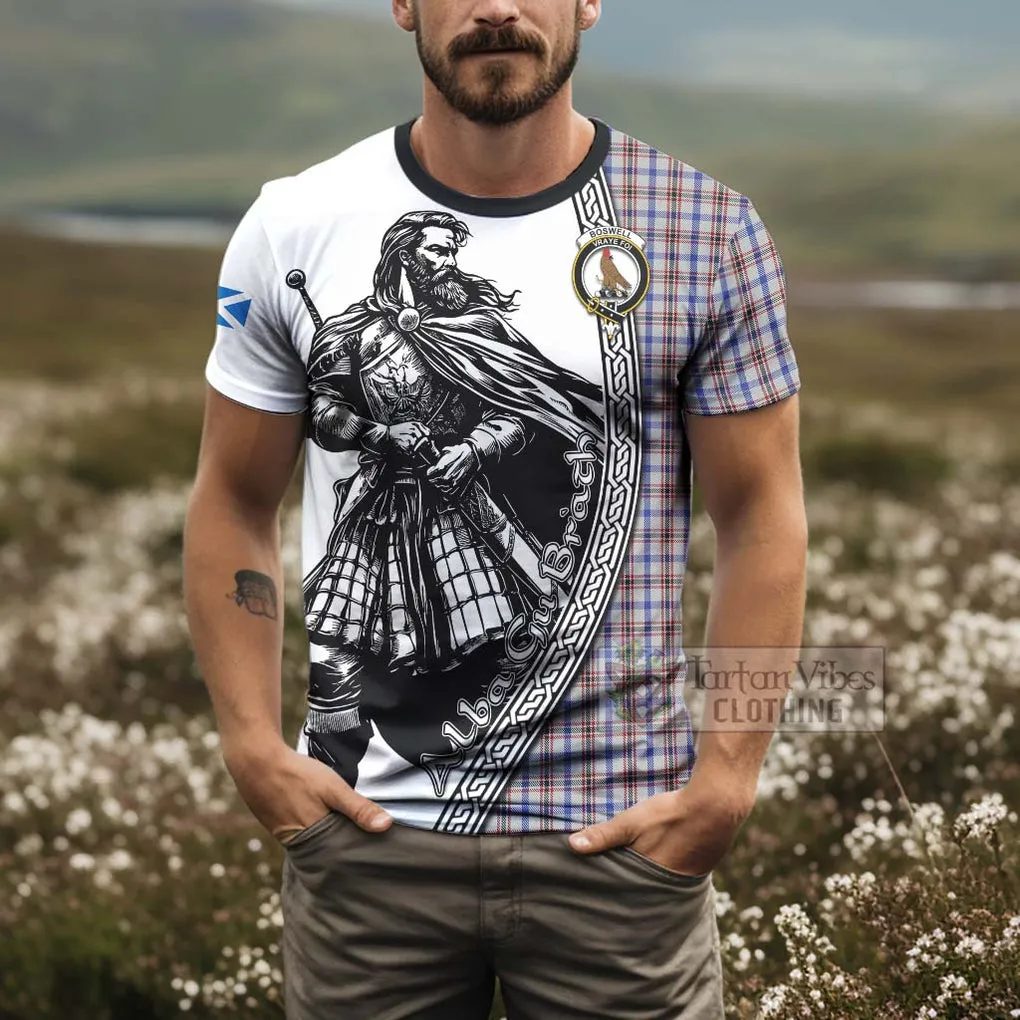 Boswell Tartan Clan Crest T-Shirt with Highlander Warrior Celtic Style