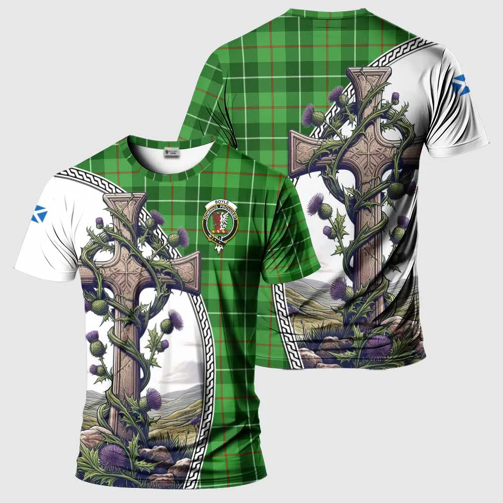 Boyle Tartan T-Shirt with Family Crest and St. Andrew's Cross Accented by Thistle Vines