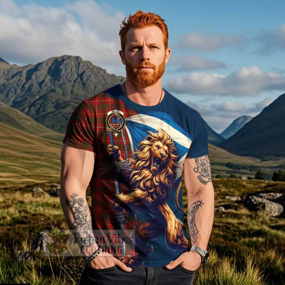 Bruce Tartan Family Crest T-Shirt with Scottish Majestic Lion