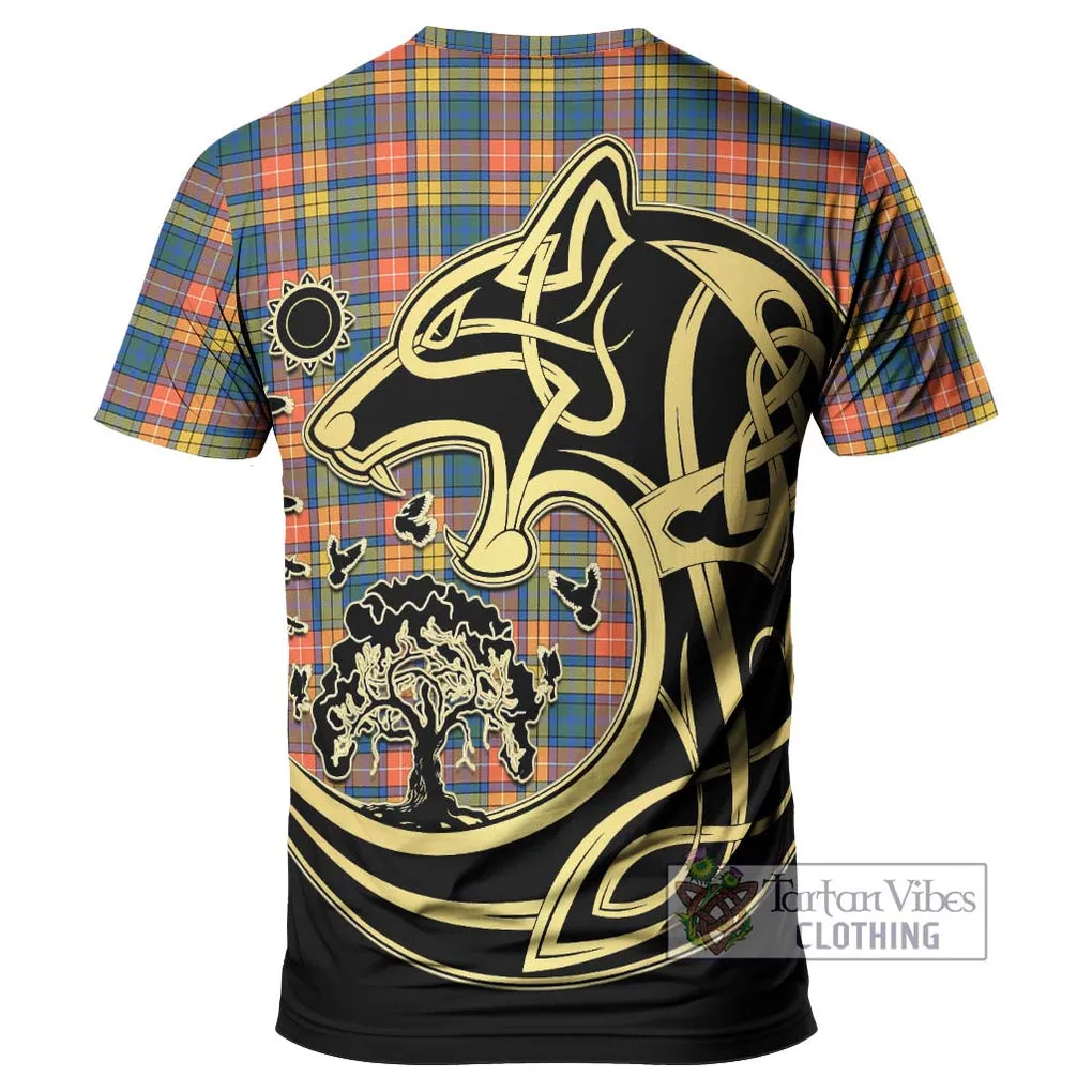 Buchanan Ancient Tartan T-Shirt with Family Crest Celtic Wolf Style