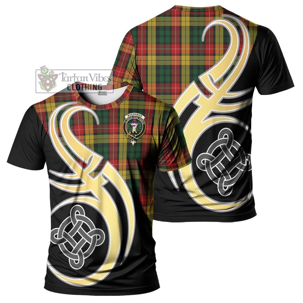 Buchanan Tartan T-Shirt with Family Crest and Celtic Symbol Style