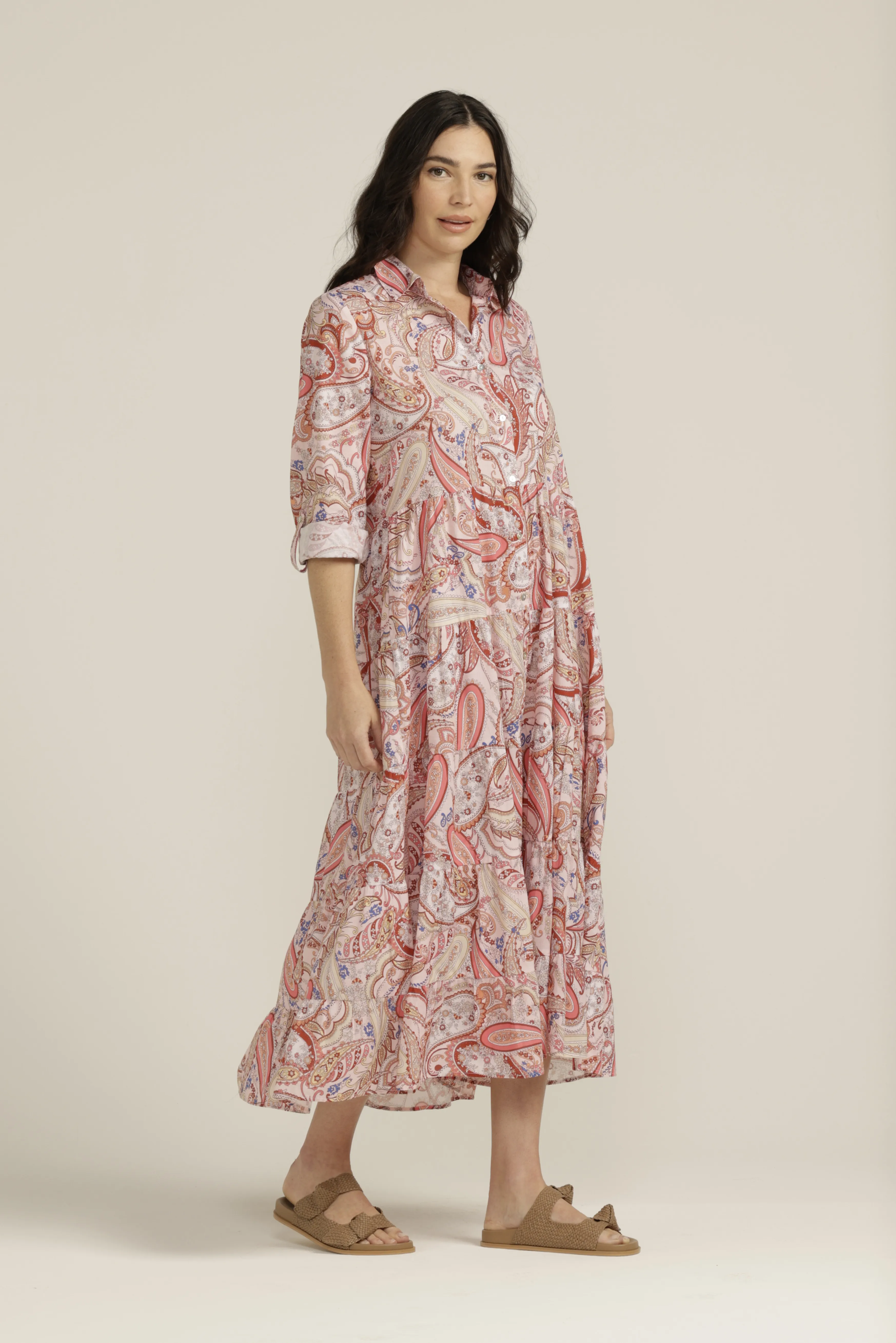 Cotton Paisley Tiered Shirt Dress