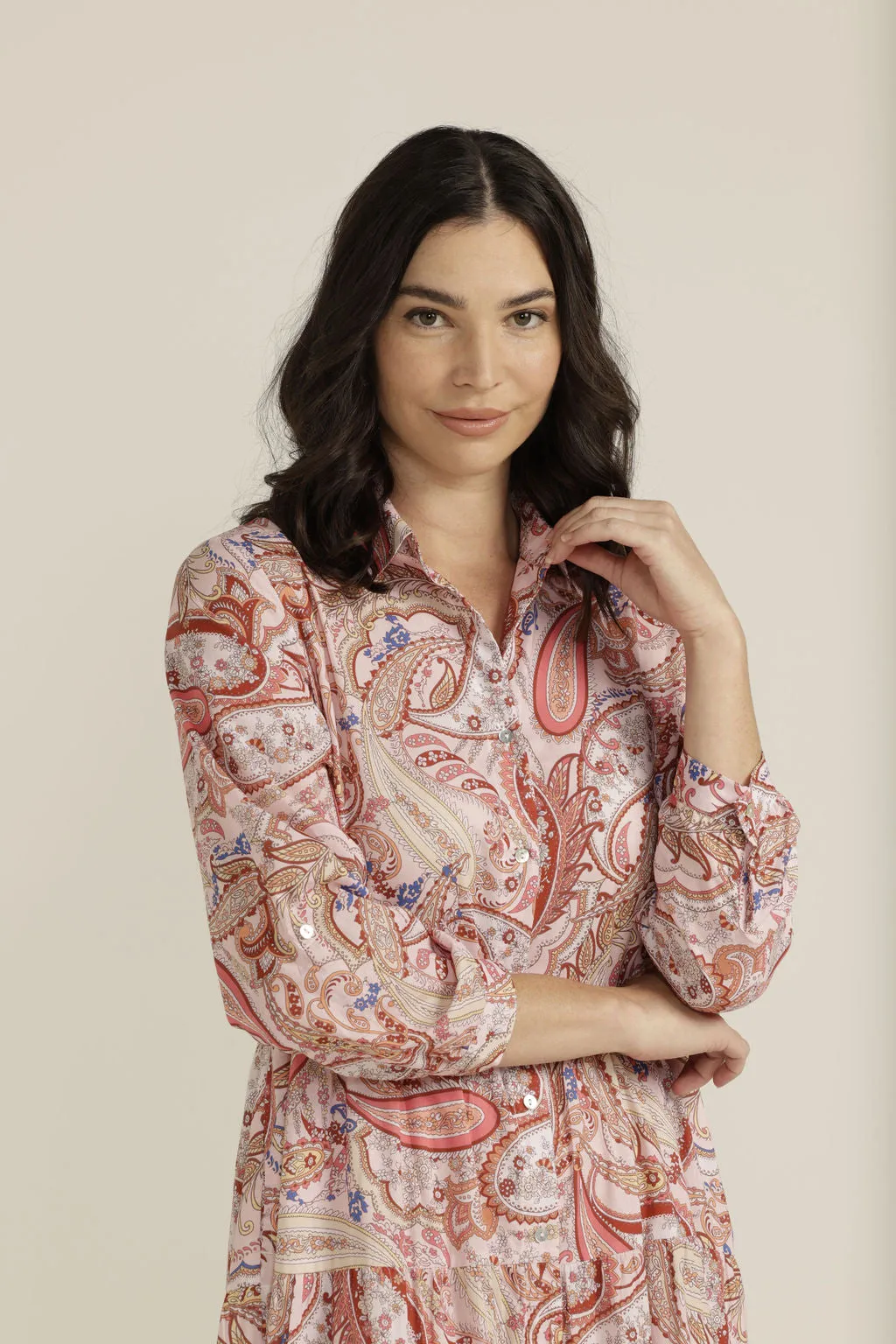 Cotton Paisley Tiered Shirt Dress