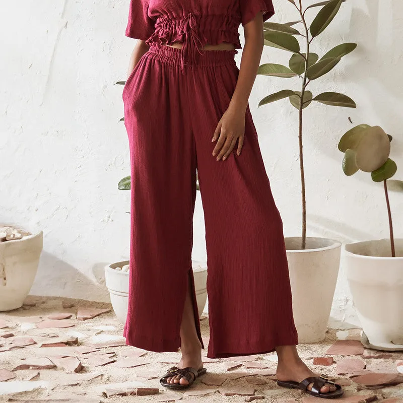 Cotton Solid Co Ord Set For Women | Top & Pant | Flared Pant | Red