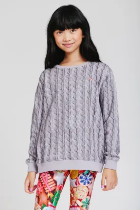 Girls Classic Crewneck in Silver Cable Knit