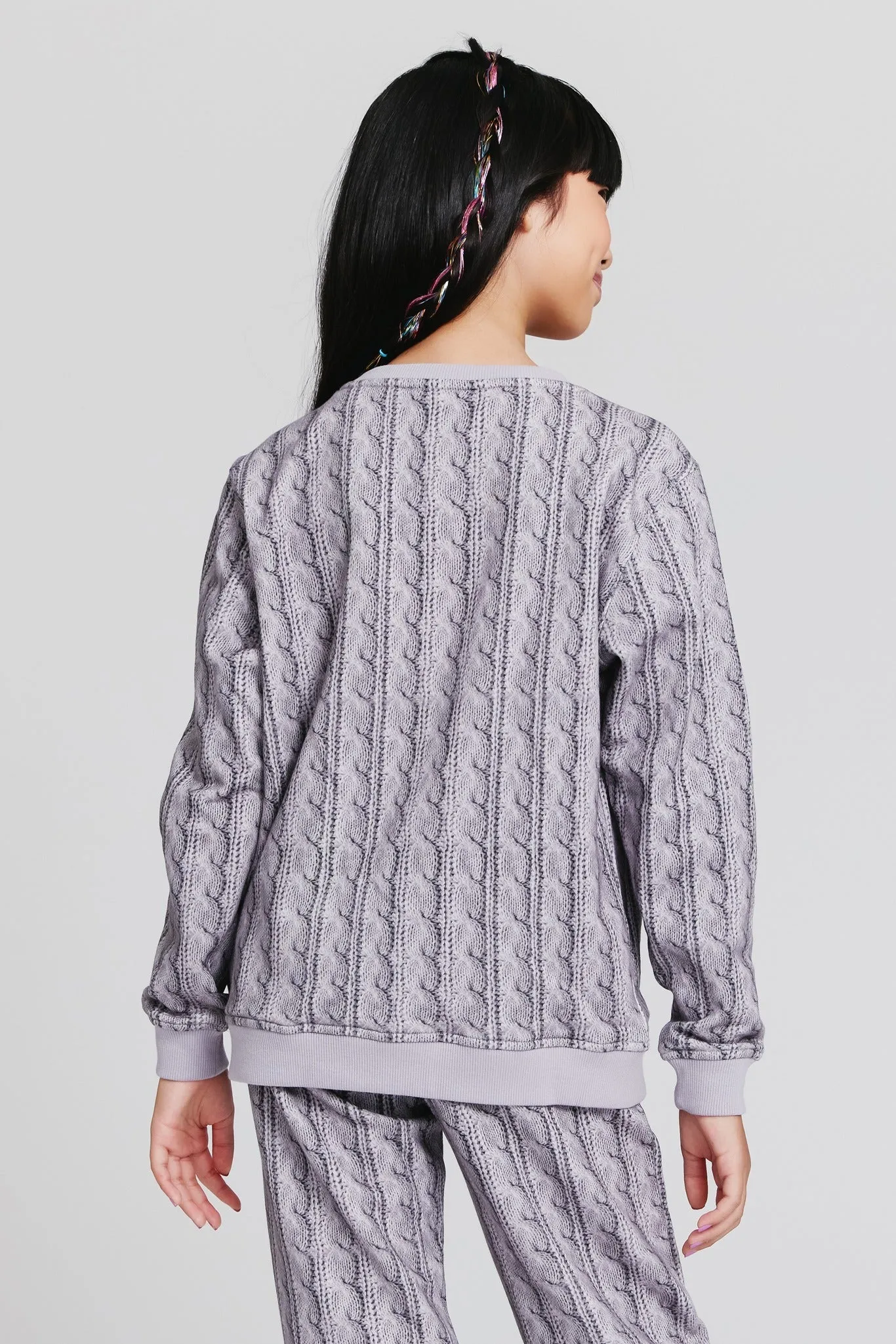 Girls Classic Crewneck in Silver Cable Knit