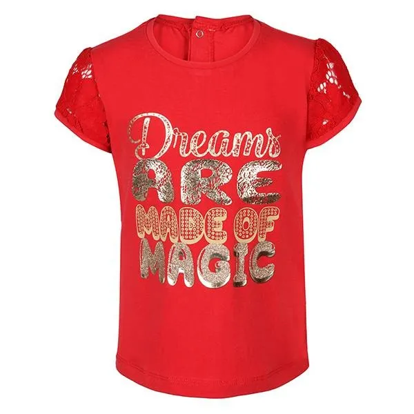 GIRLS SHORT SLEEVE T-SHIRT WITH LACE INSERT - RED