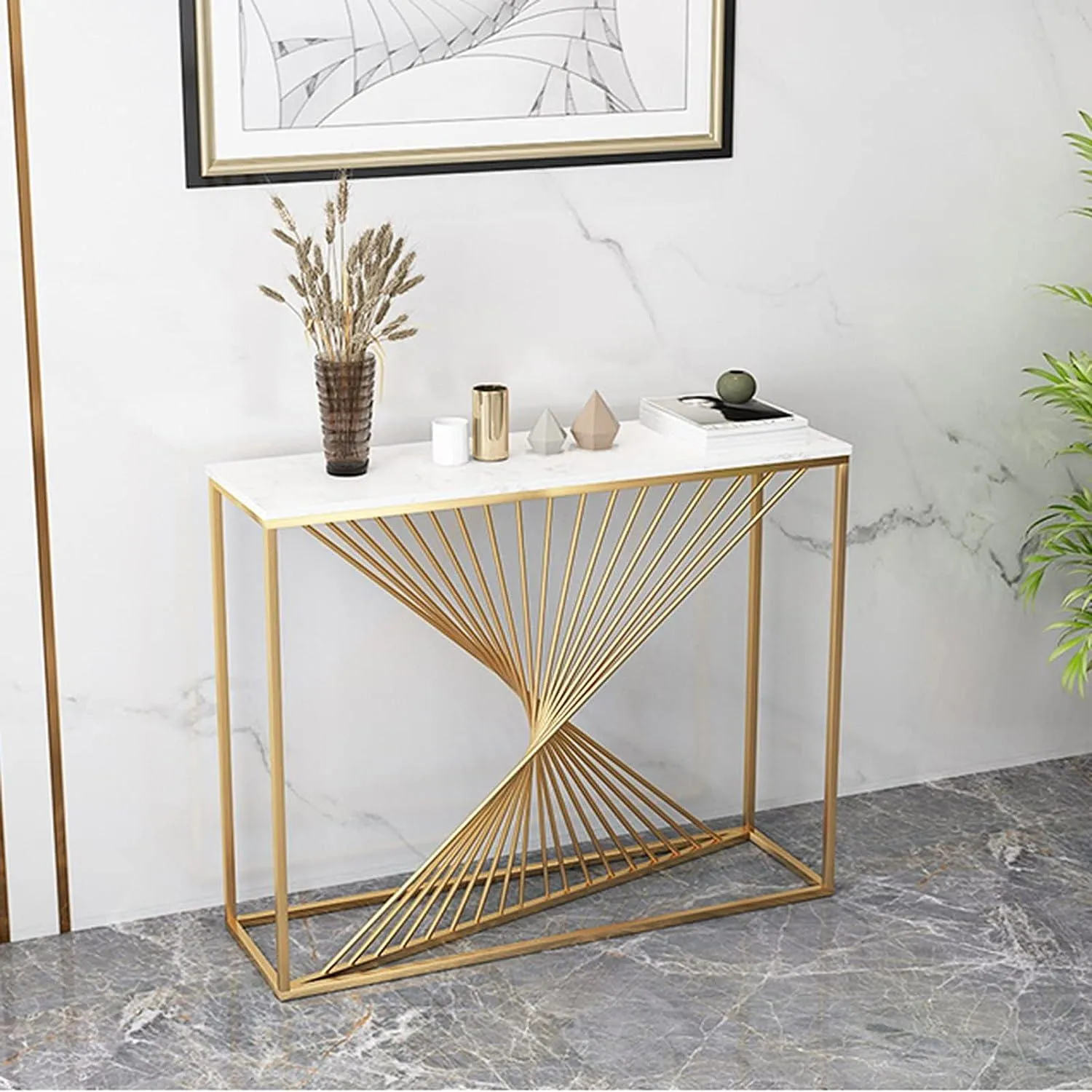 Golden Elegance Rectangular Console Table - Modern Marble Top