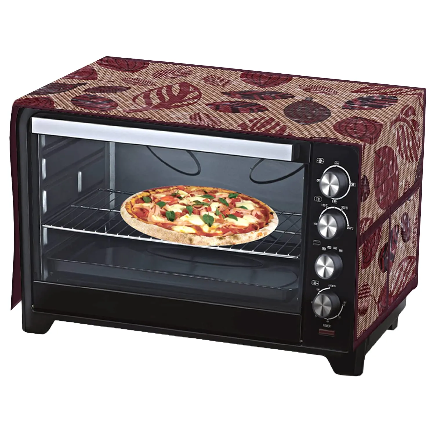 Kuber Industries Leaf Printed PVC Decorative Microwave Oven Top Cover with 4 Utility Pockets (Maroon), Standard, (49KM0557)