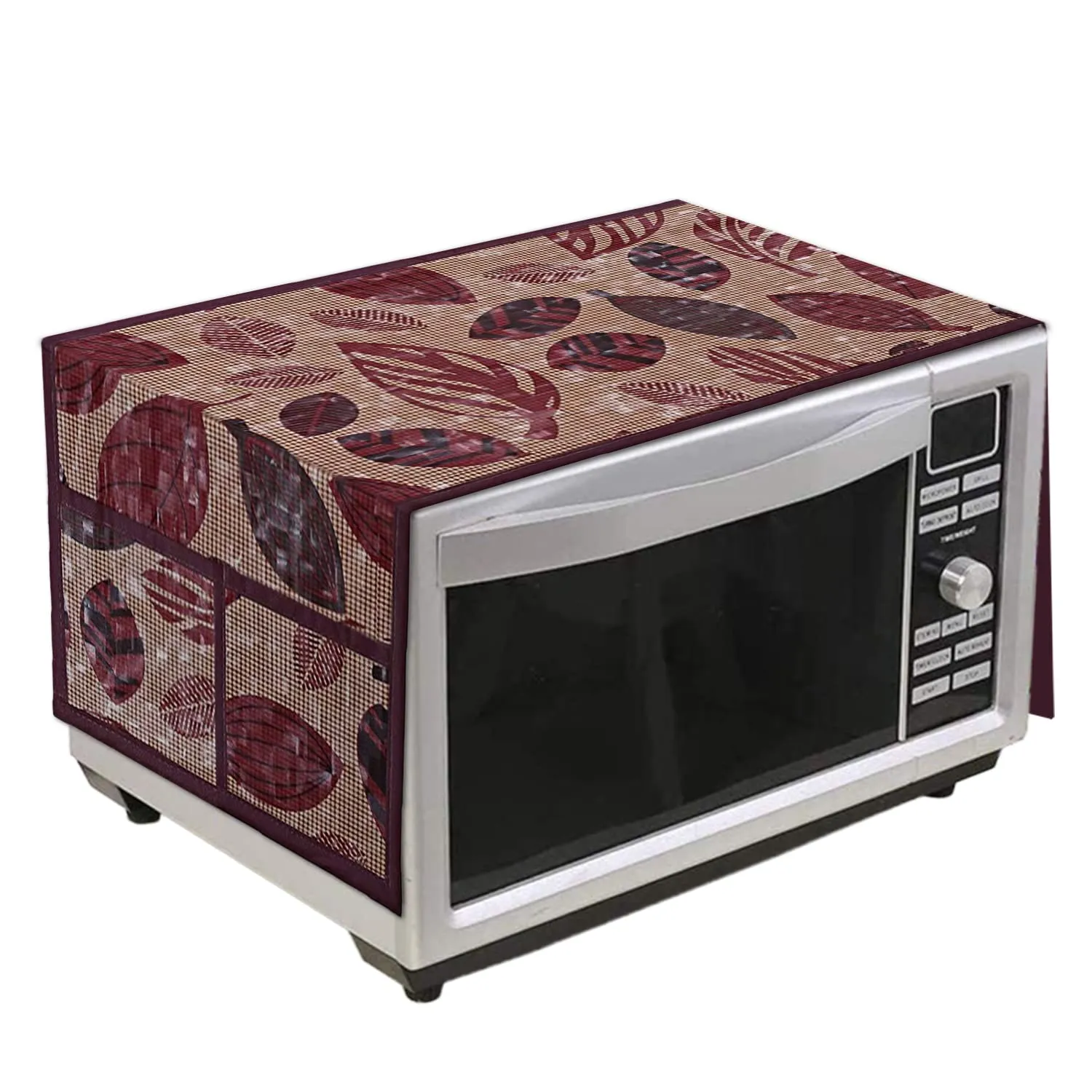 Kuber Industries Leaf Printed PVC Decorative Microwave Oven Top Cover with 4 Utility Pockets (Maroon), Standard, (49KM0557)