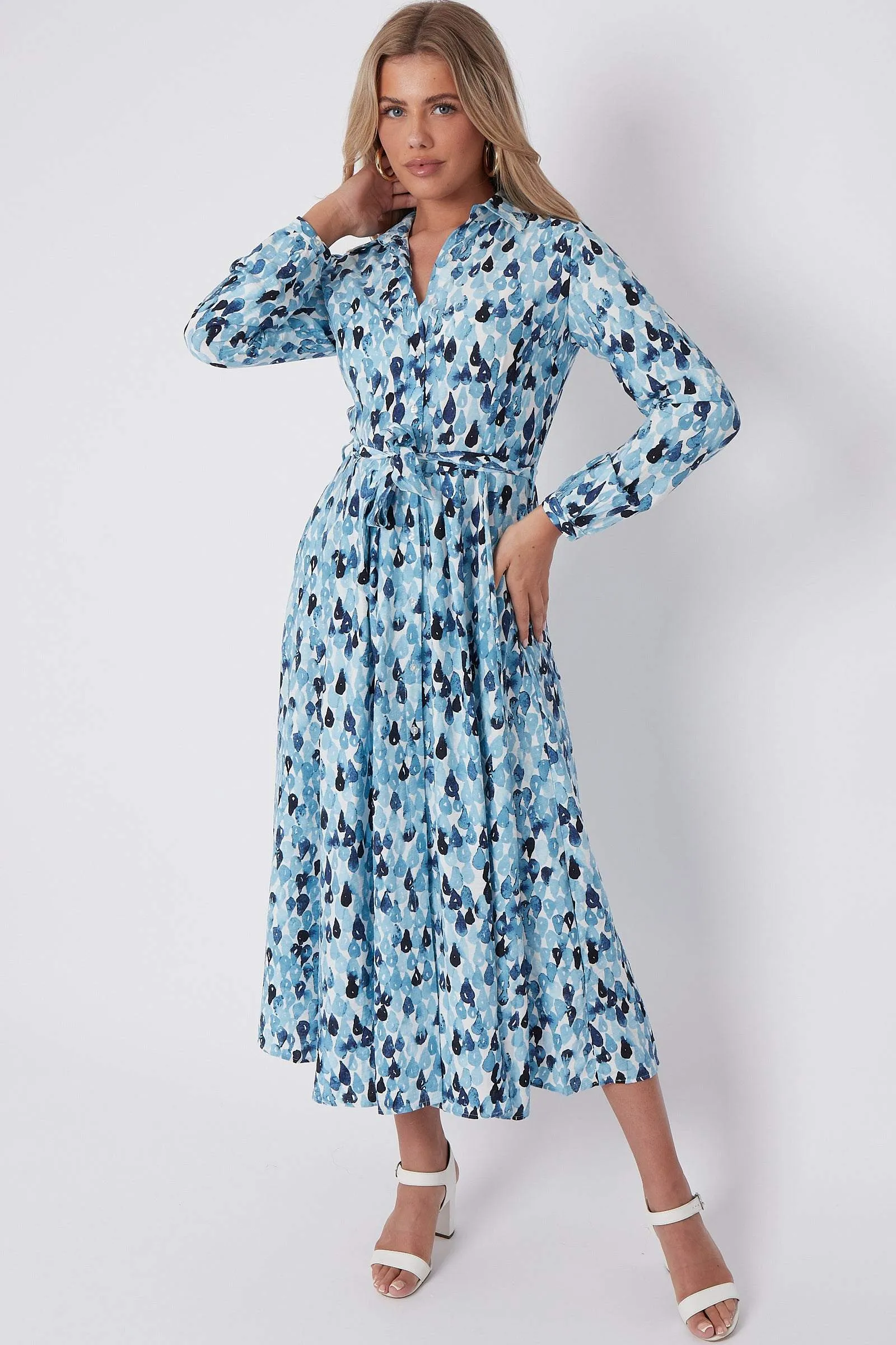 LOVE SUNSHINE Blue Drops Printed Midaxi Shirt Dress