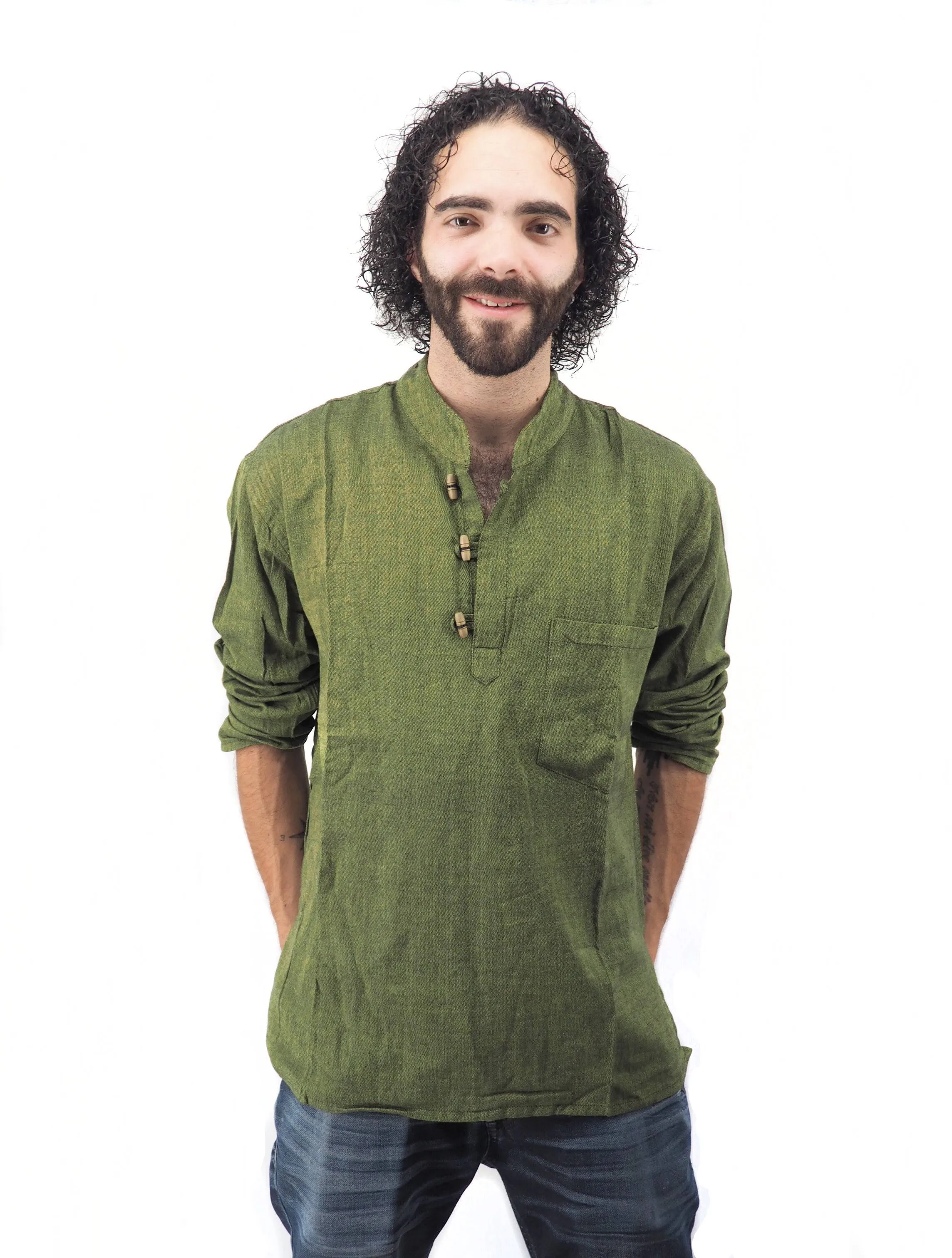 Men's Handmade Casual Boho Cotton Shirt Size S-M-L-XL Green