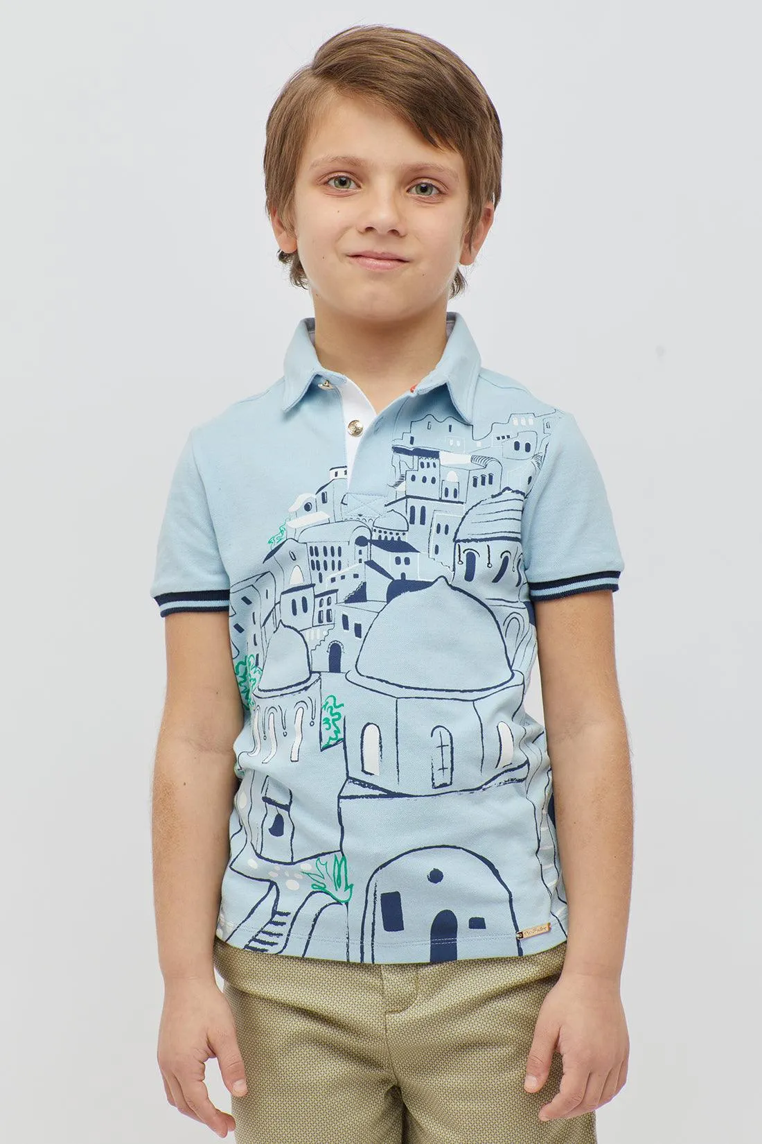 One Friday Boys Printed Aqua Polo neck T-shirt