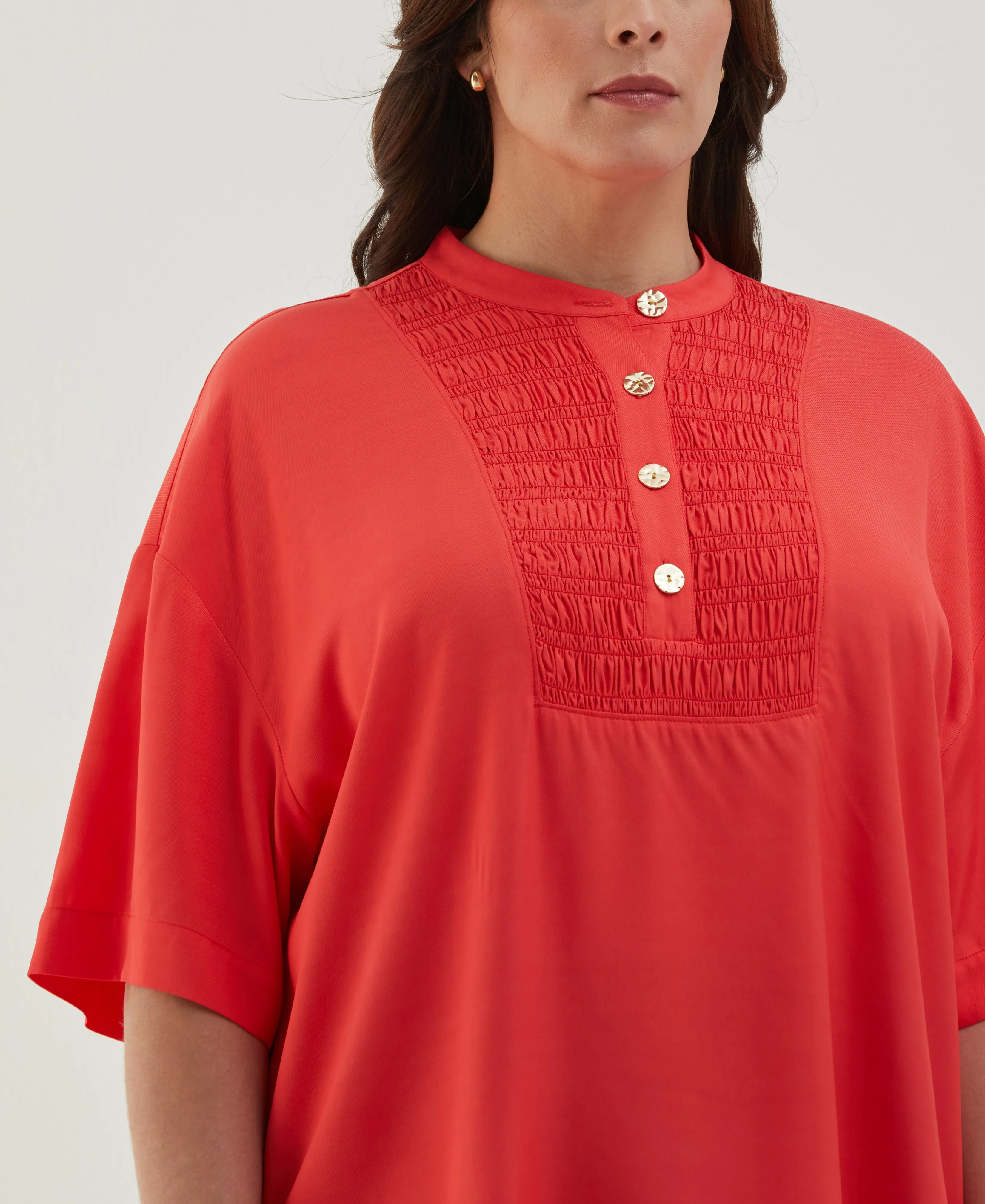 Plus Size Smocked Banded Collar Top