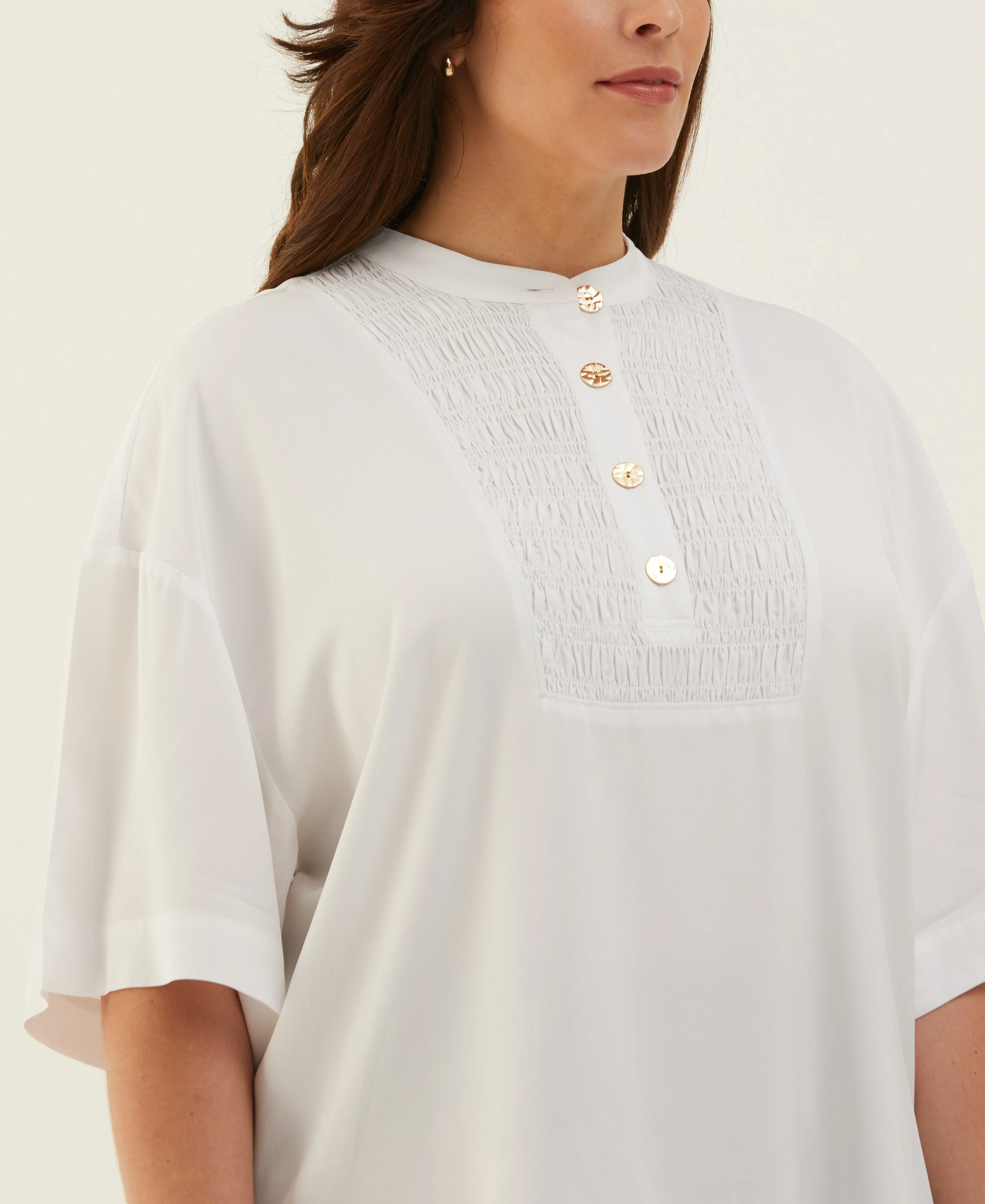 Plus Size Smocked Banded Collar Top