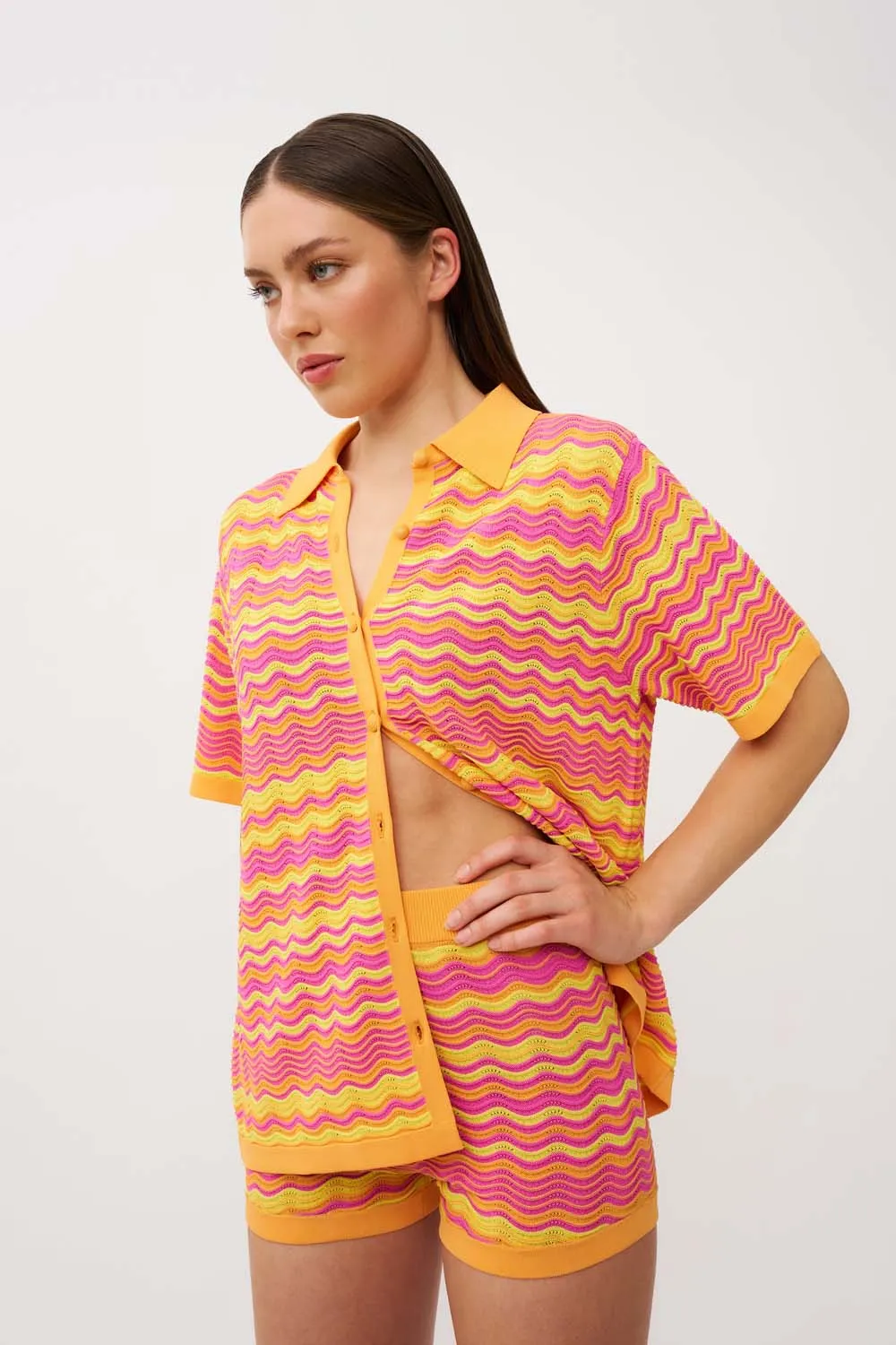 Rayne Ripple Knit Shirt - Pink Mango Yellow