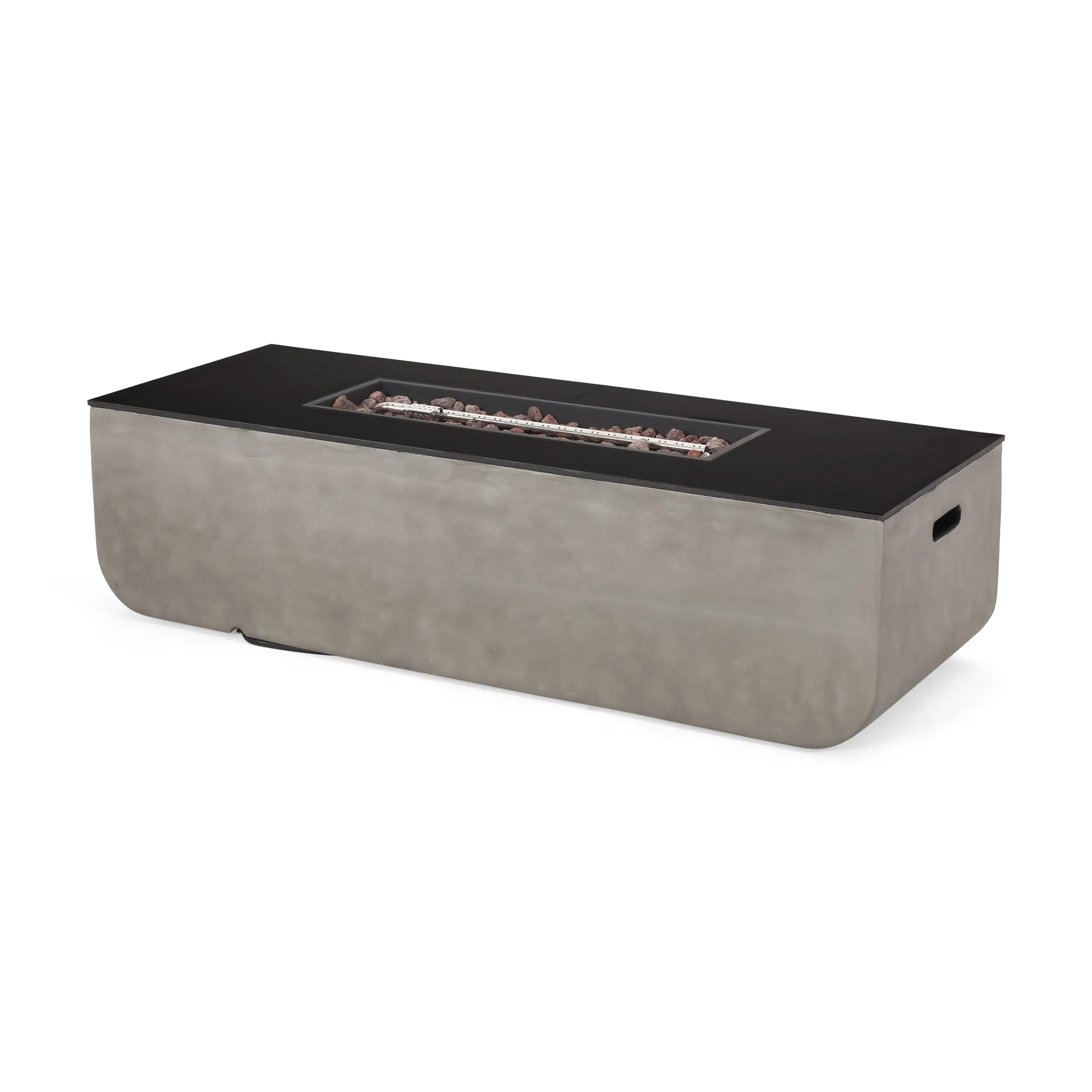 Riga Outdoor 50,000 BTU Lightweight Concrete and Ceramic Rectangular Fire Pit (No Tank Holder), Light Gray and Black