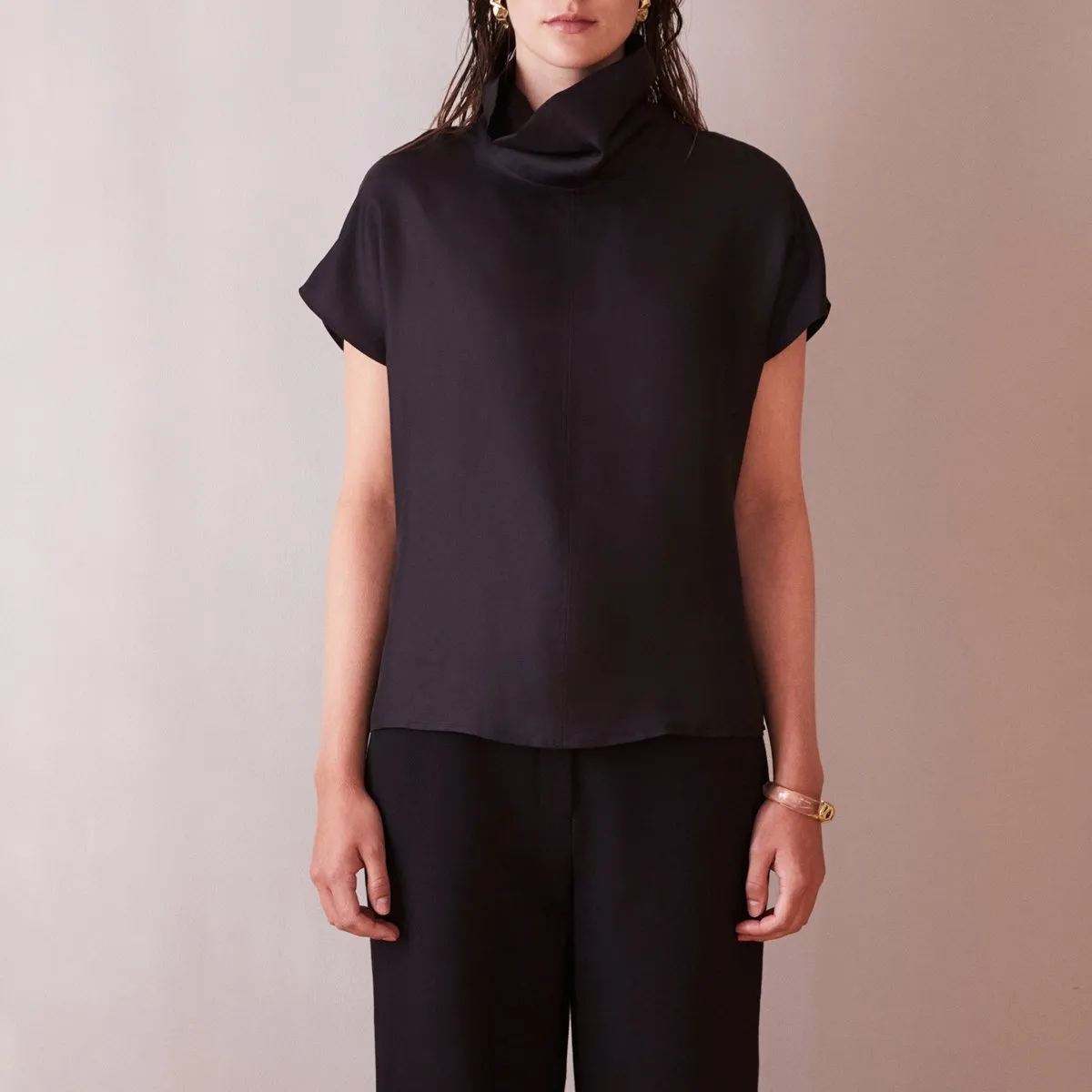 Silk Tee With Cowl Neck Black