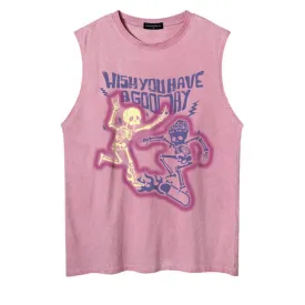 Skeletons Skaters Print Sleeveless Dust Pink Gray T-Shirt