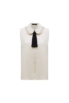 Sleevess Shirt Collar Blouse with Detachable Colour Blocked Tie