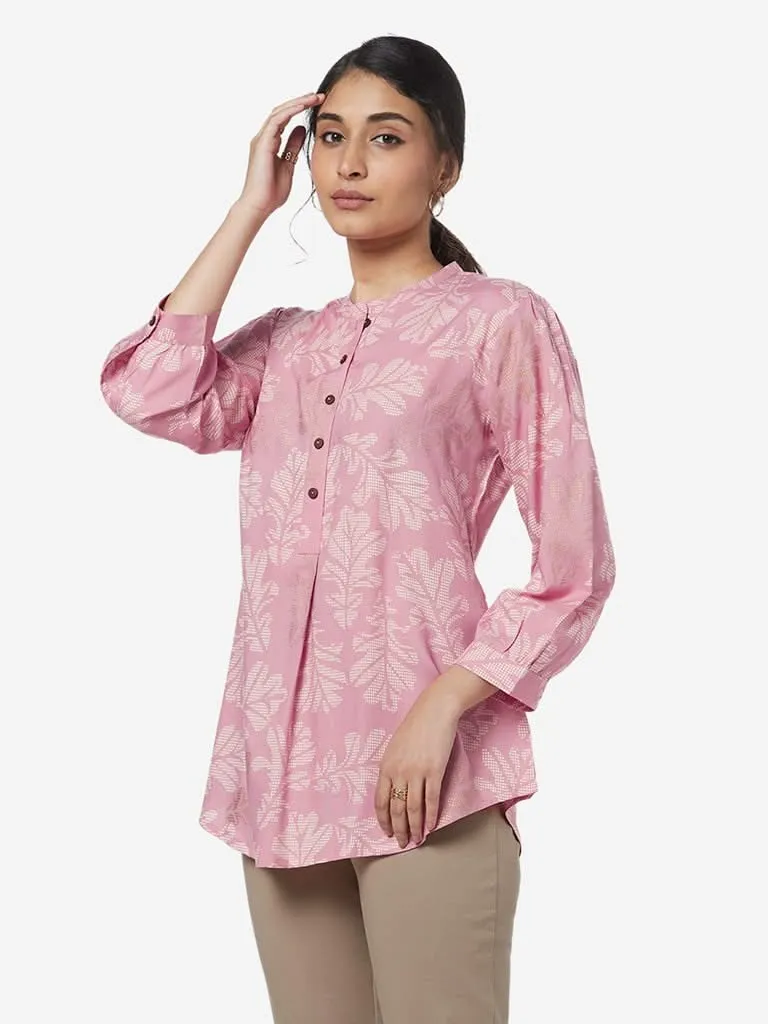 Utsa Pink A-Line Leaf Design Ethnic Shirt