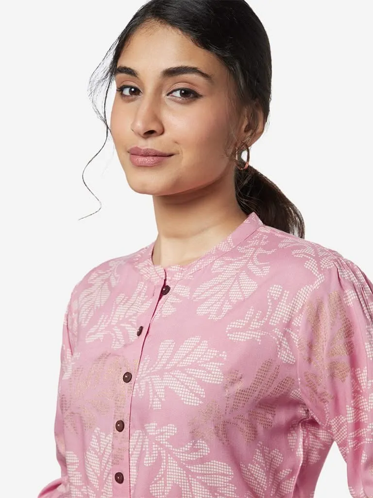 Utsa Pink A-Line Leaf Design Ethnic Shirt