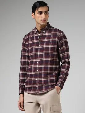 WES Casuals Wine Checked Cotton Relaxed-Fit Shirt