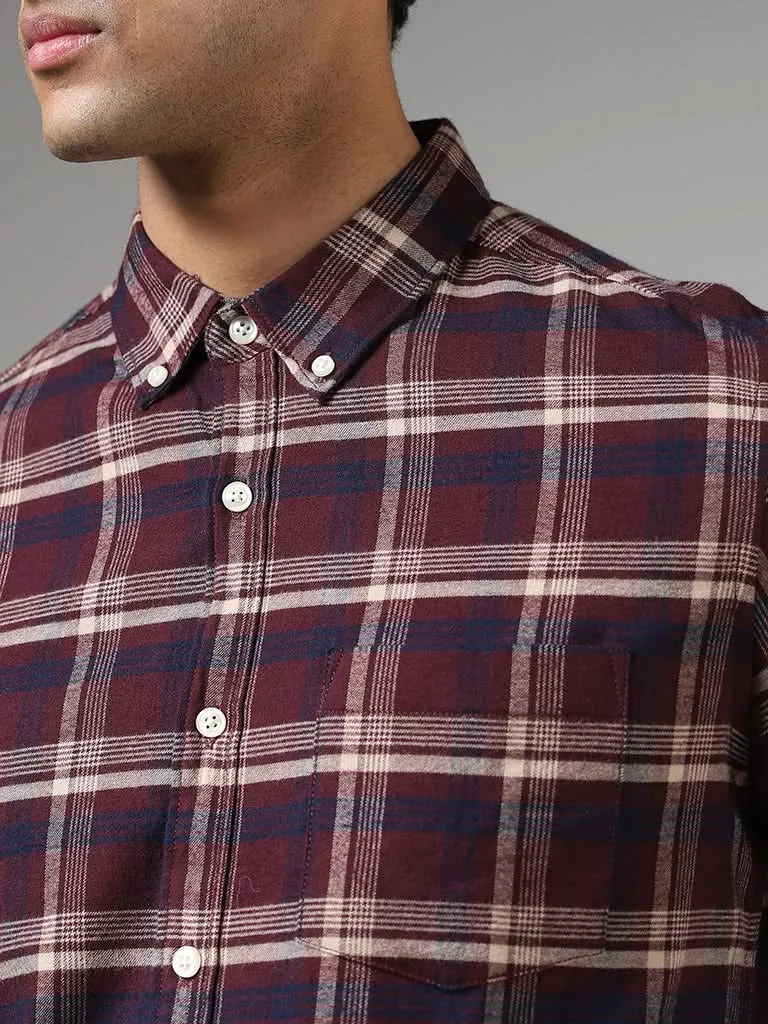 WES Casuals Wine Checked Cotton Relaxed-Fit Shirt