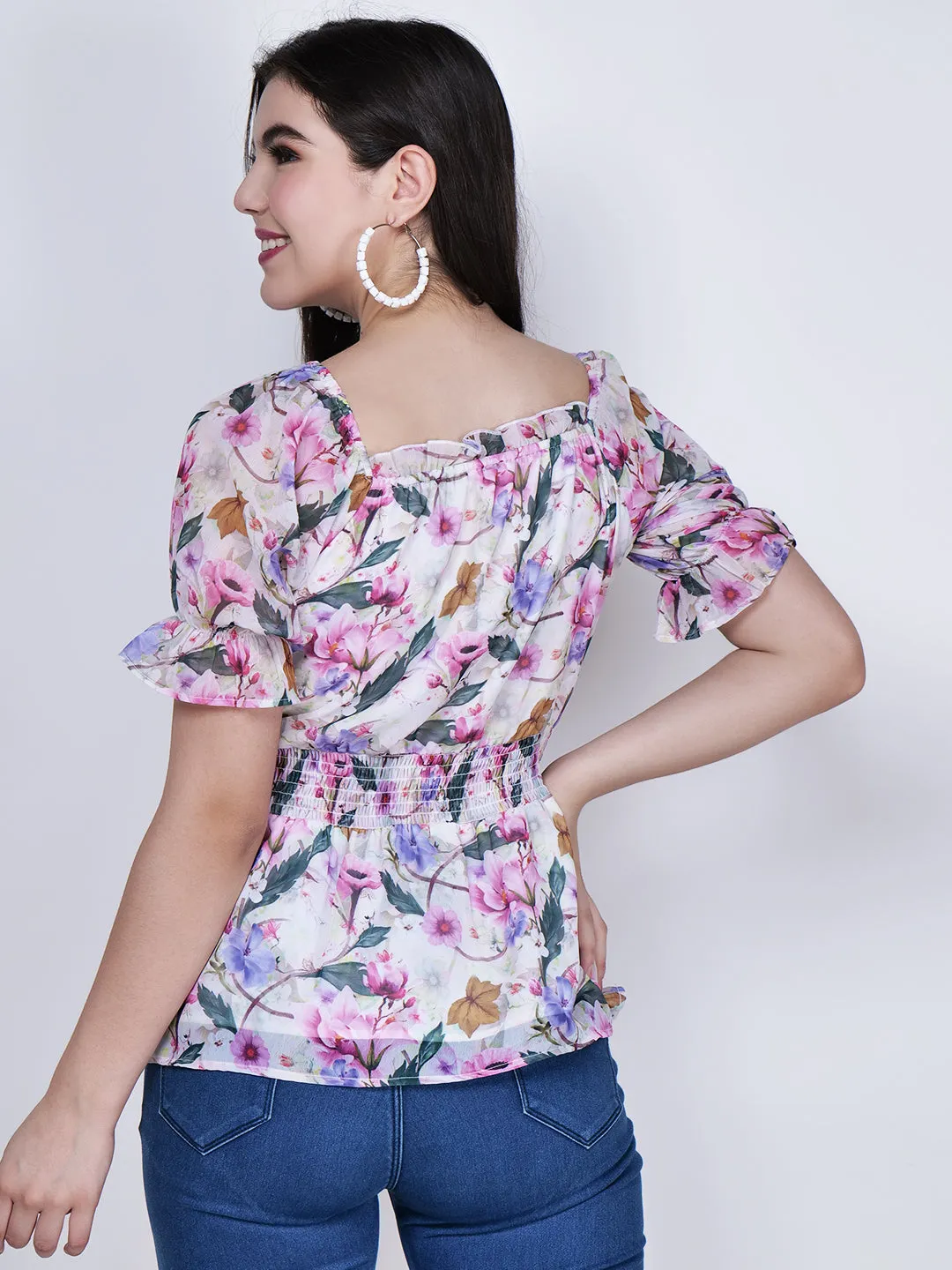 Women Floral Printed White Top