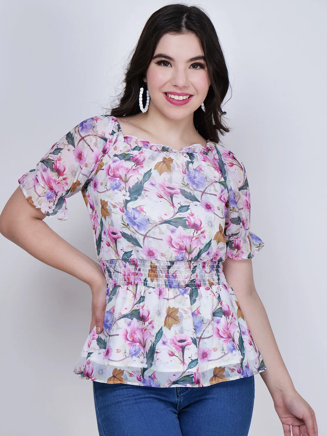 Women Floral Printed White Top